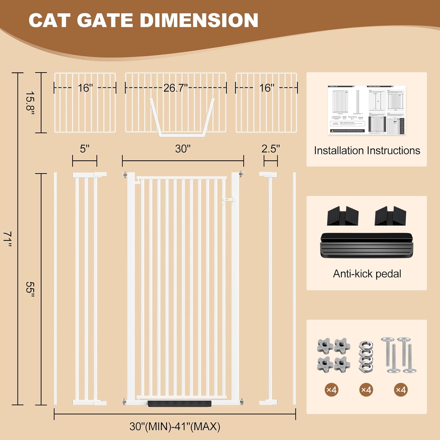 71" Extra Tall Cat Gate for Doorway, 30-41" Wide Auto Close Pet Gate with Extension Kits, No Drilling Pressure Mounted Dog Gate for Stairs, Doorways, Kitchen, Hallway