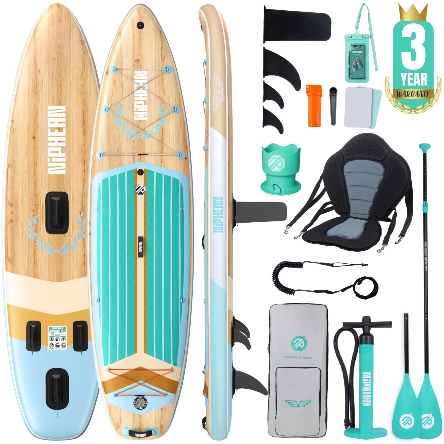 Niphean (Extra Grande) Tavola SUP Gonfiabile per 2+1 Persone/Famiglia, Stand Up Paddle Board con (Facile per Principianti) StabilTrac Pinna, Custodia Impermeabile, SUP Gonfiabile Adulti, Idee Regalo