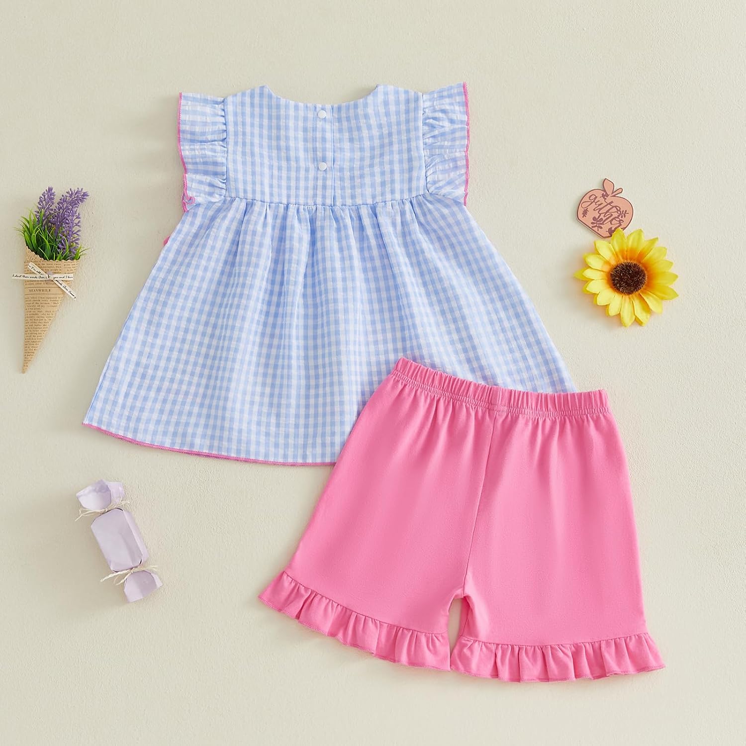 Kids Toddler Little Girls Back to School Outfit First Day of School Pencil Embroidery Ruffle Top and Shorts Set