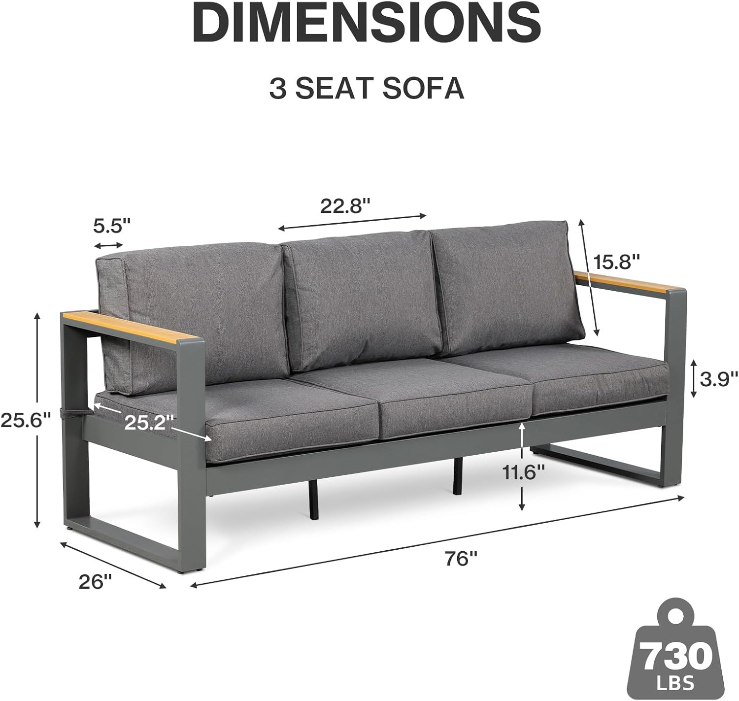 Aoodor 3 Seat Patio Aluminum Sofa, Outdoor Furniture with Water Resistant Thick Cushion, Outdoor All-Weather Sofa, Set of 2, Grey