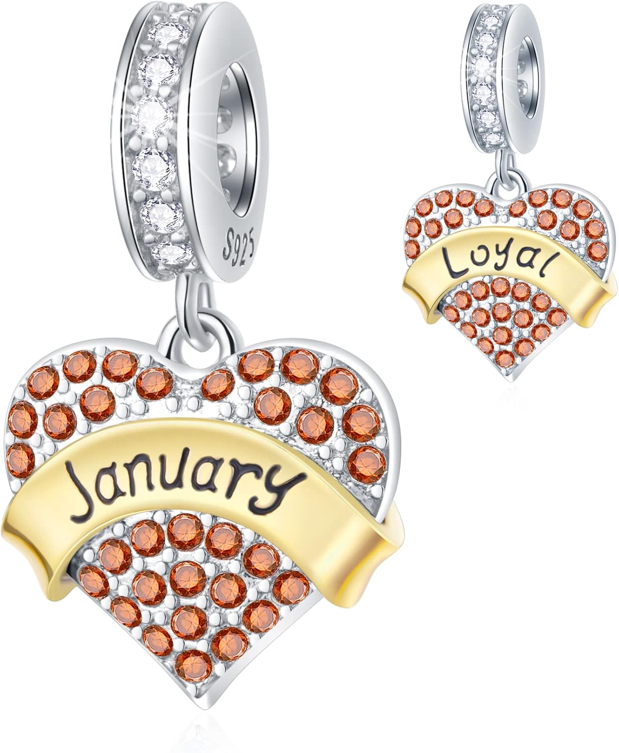 GEMDAZZ Jan-Dec Month Birthday Birthstone Charms for Charm Bracelet, 2 Tone 925 Sterling Silver Clear Sparkle Pave Heart Pendant Beads, Gift for Mom/Friends/Father