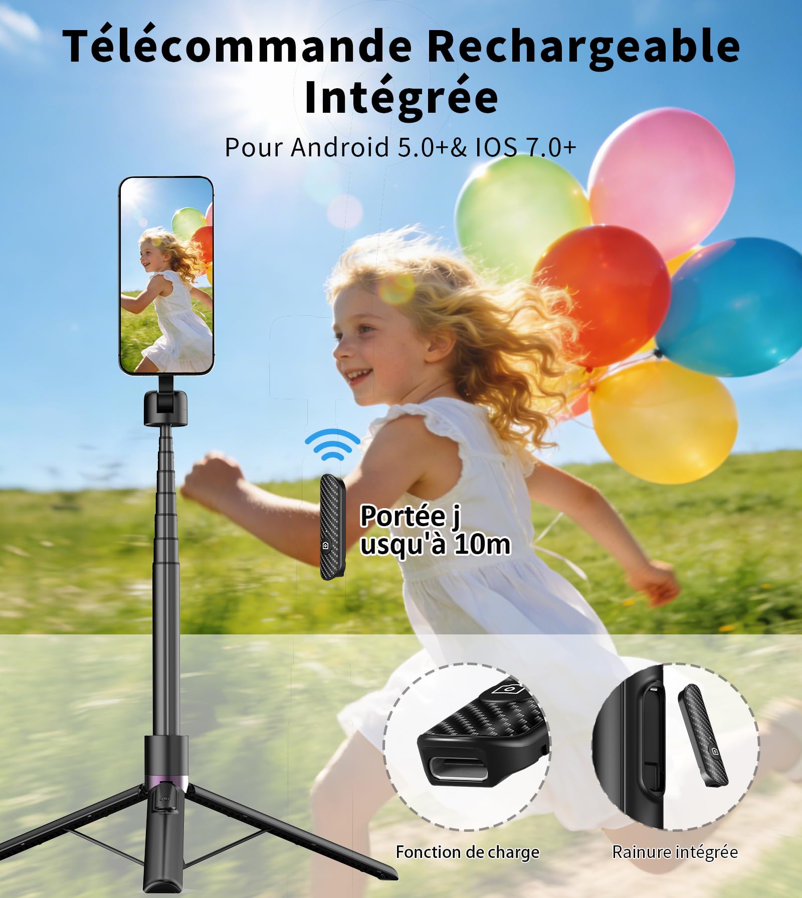 TONEOF 173cm Perche Selfie Magnétique Trépied,Fixations en Aluminium pour Magsafe, Rotatif à 360°,Trépied Voyage Rétractable avec Anneau Métallique&Télécommande-Noir Violet - 4