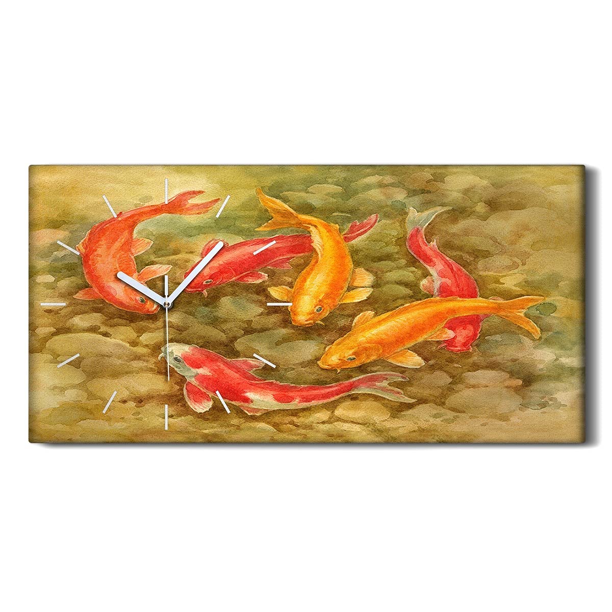 Horloge sur toile 60x30cm poisson carpe rouge et or avec aiguilles blanches