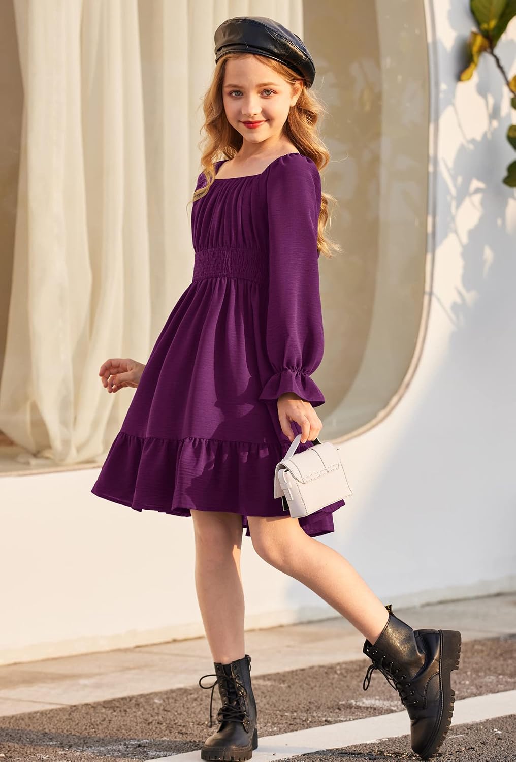 Arshiner Girls Dresses Long Sleeve Tie Back Fall Winter Off Shoulder Dress Kids Clothes