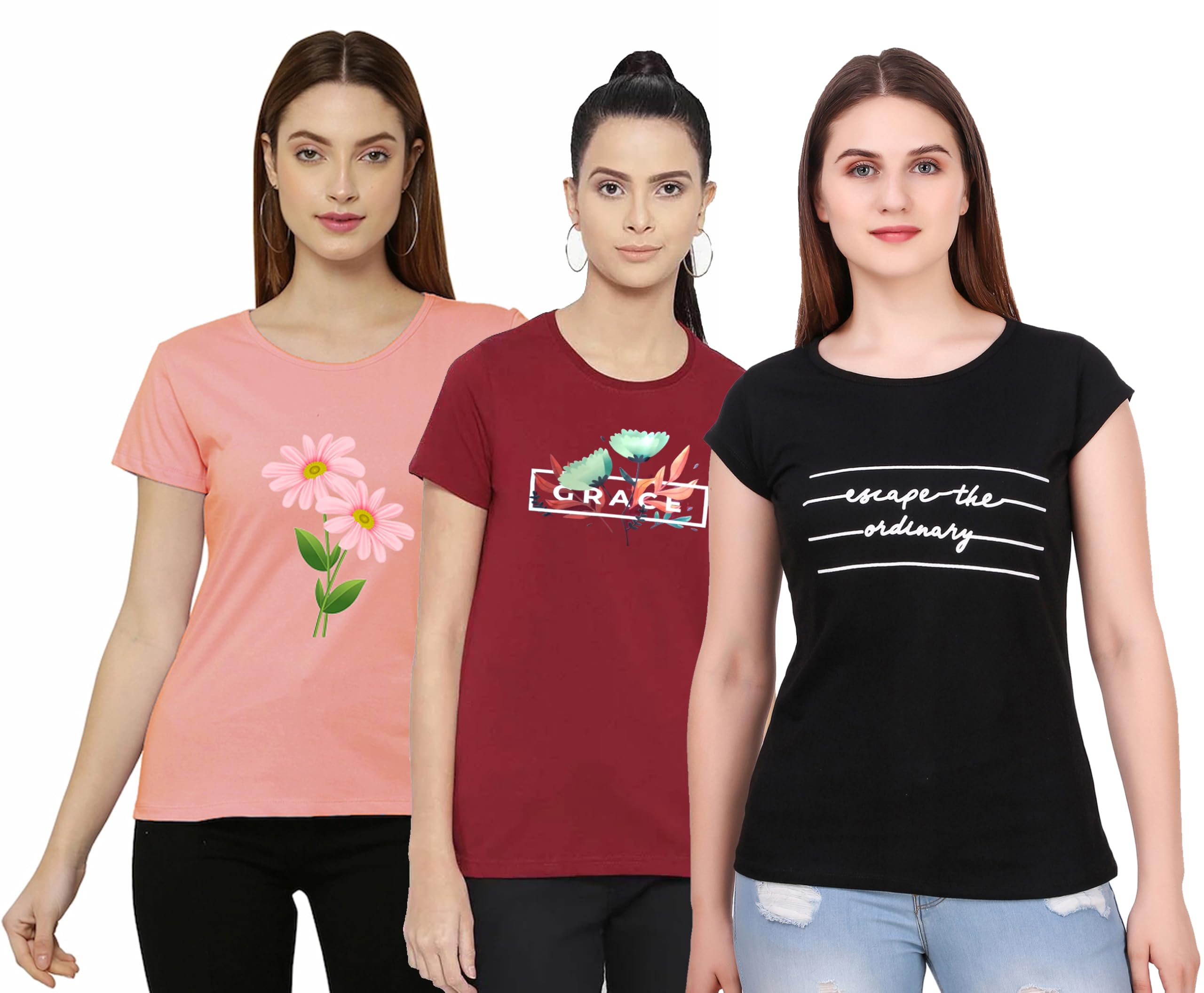 Women's Cotton Printed Tshirts | Round Neck Half Sleeve Regular Fit Tshirt for Women and Girls | Casual Tshirt Pack of 3-picture-35