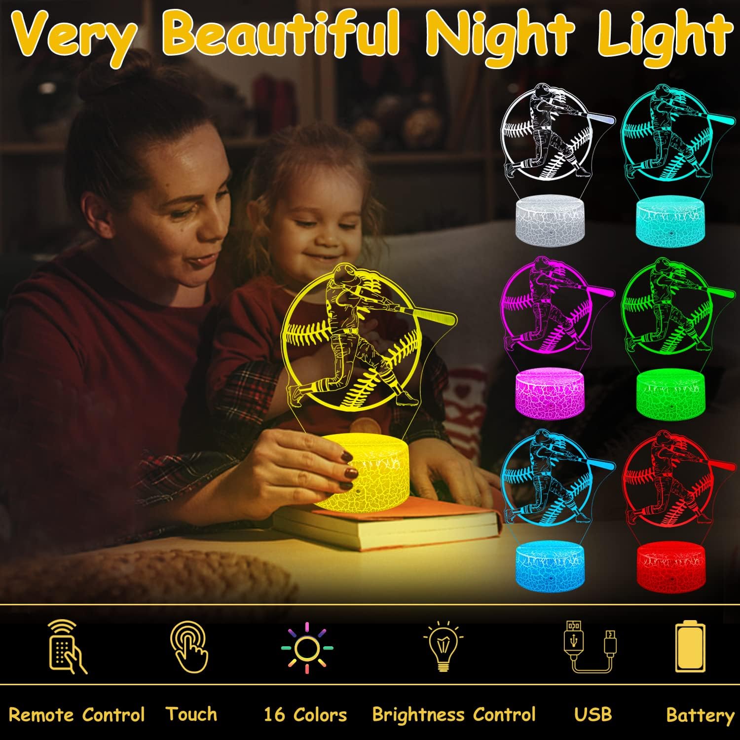 Baseball Night Light for Kids Gifts 3D Illusion Lamp 16 Colors Changes with Remote Control Bedside Lamp As Holiday Birthday Gifts for Boys Girls & Fans