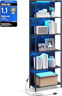 VASAGLE Bücherregal mit 6 Ebenen, Standregal mit Einstellbarer LED-Beleuchtung, Regal mit Stahlrahmen, 30,3 x 60 x 178,6 cm, für Wohnzimmer, Schlafzimmer, Arbeitszimmer, ebenholzschwarz LLS120B57