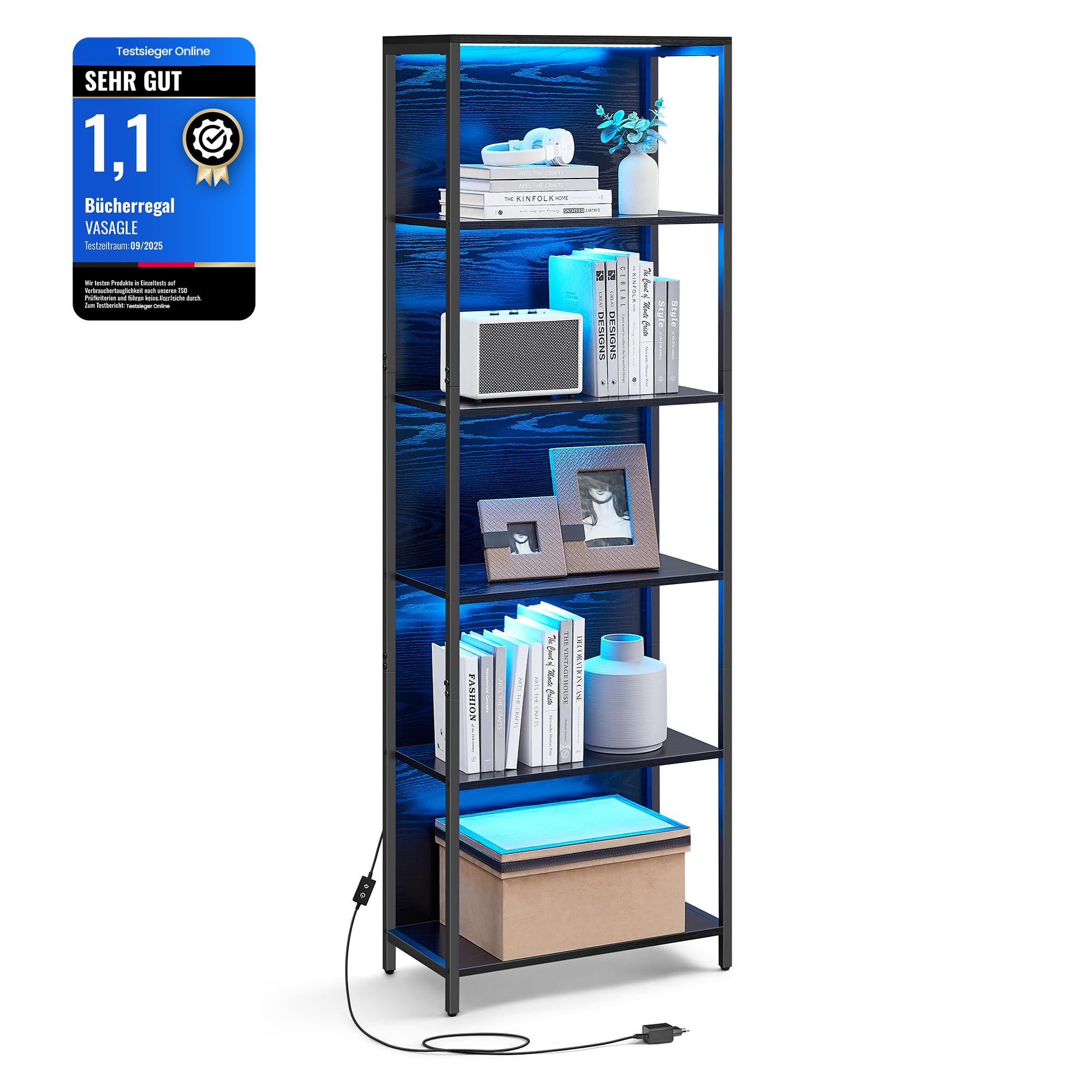 VASAGLE Bücherregal mit 6 Ebenen, Standregal mit Einstellbarer LED-Beleuchtung, Regal mit Stahlrahmen, 30,3 x 60 x 178,6 cm, für Wohnzimmer, Schlafzimmer, Arbeitszimmer, ebenholzschwarz LLS120B57