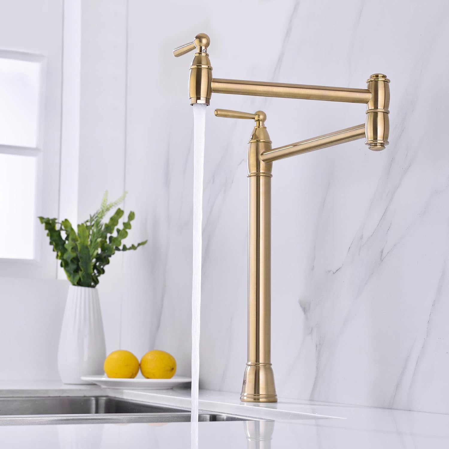 Best Quality 🔥 Avola Solid Brass Kitchen Sink Pot Filler Faucets, Double Swing Deck Mount Pot Filler Faucet, Stretchable Gold Pot Filler