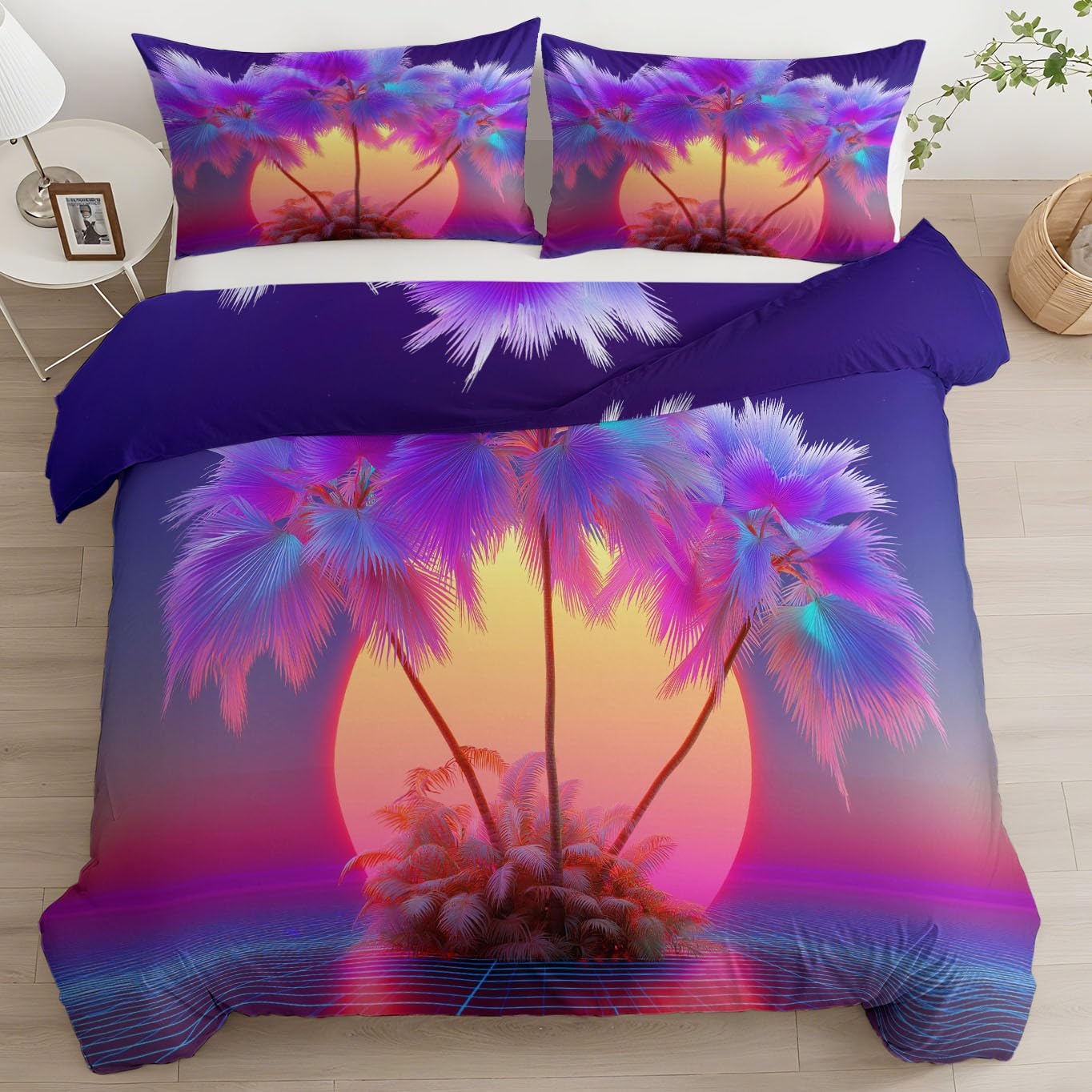 Poszwa na kołdrę dziecięca fioletowa 200 x 200 cm i 2 poszewki na poduszkę 65 x 65 cm, zestaw pościeli z mikrofibry z palmami plażowymi 3D, 2-osobowy zestaw pościeli z zamkiem błyskawicznym dla