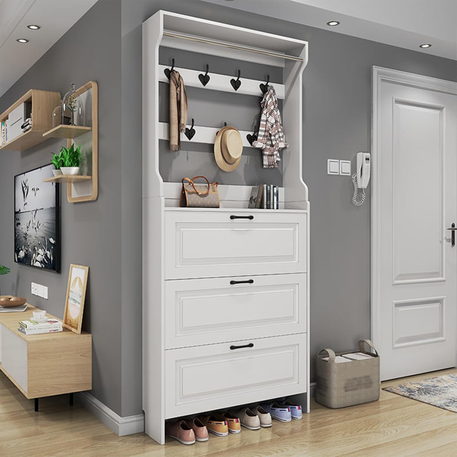 Modern Coat Rack Hall Tree with Flip Shoe Storage Entryway Bench & Metal Hooks Multi-Functional Shoe Cabinet for Living Room & Mudroom White Finish