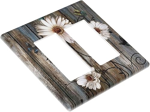 Miniatura 3 de Ukutarly Cubierta de interruptor de luz basculante doble de madera rústica, mariposa, margarita, 2 cuadras, placa de pared vintage eléctrica, placa