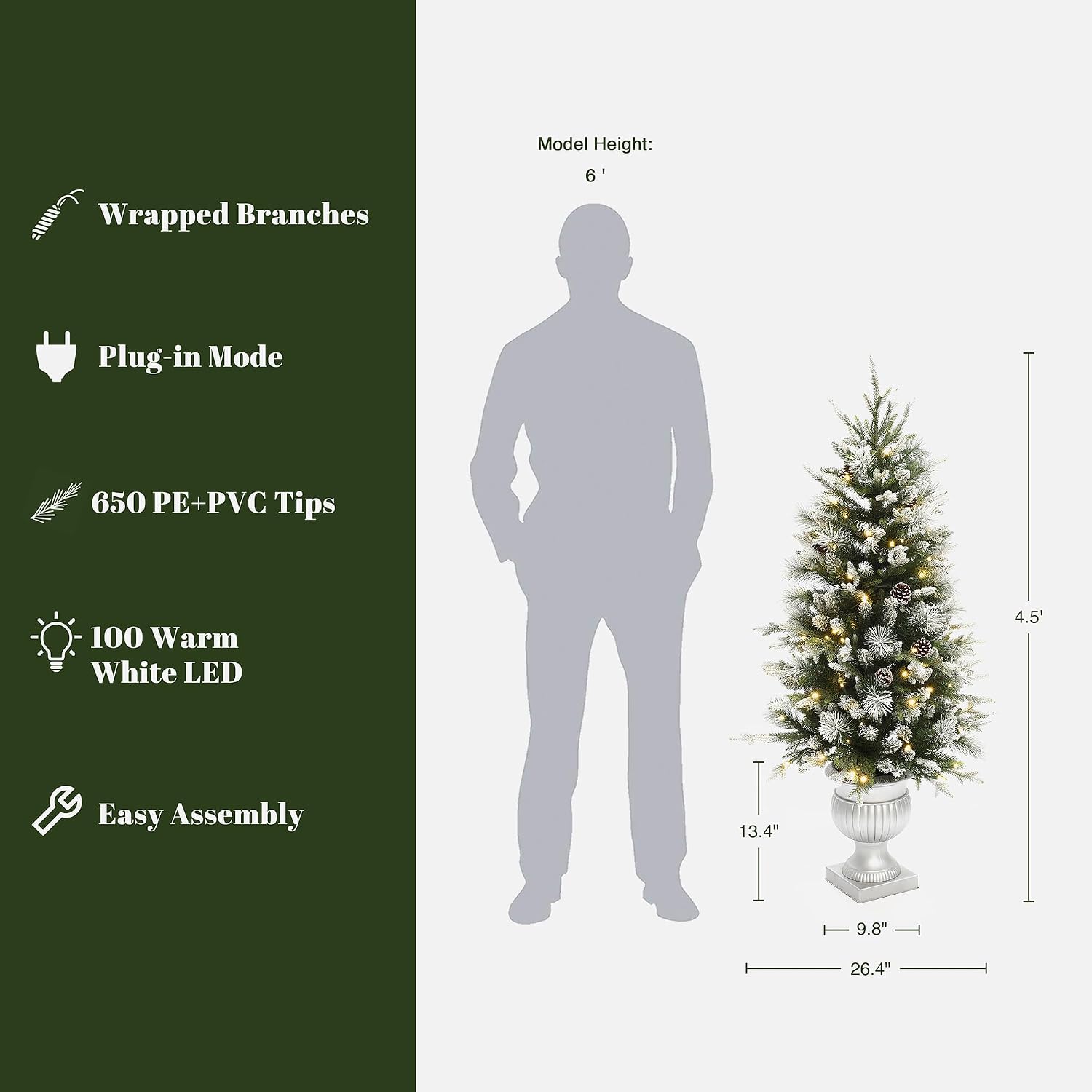 LuxenHome 4.5FT Potted Christmas Tree, Small Flocked Christmas Tree Prelit with 100 LED Lights and Pinecones, Lighted Pencil Artificial Christmas Trees with Urn Style Planter Pot for Indoor, Outdoor