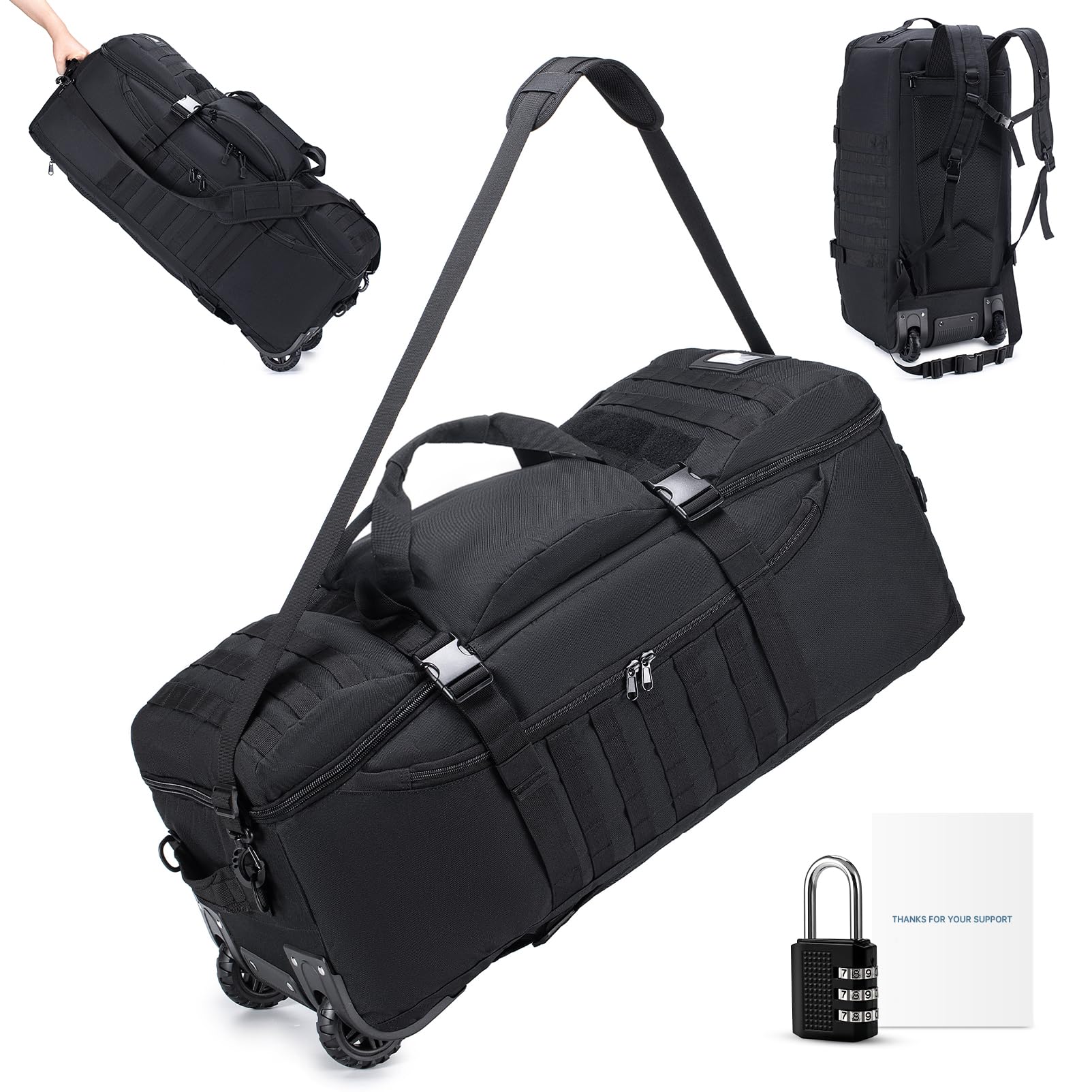 Borsone da Viaggio Con Ruote, Impermeabile 3 In 1 Militare Zaino da Viaggio Aereo Bagaglio a Mano con Lucchetto Combinazione 3 Cifre Grande 85L XL Trekking Borsa da Viaggio Unisex Weekender