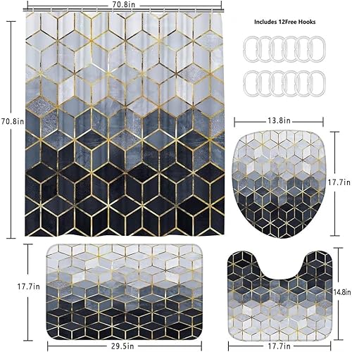 Miniatura 4 de Juego de 4 cortinas de ducha con degradado azul, juego de cortina de ducha geométrica moderna con líneas cúbicas doradas, juego de baño (azul)