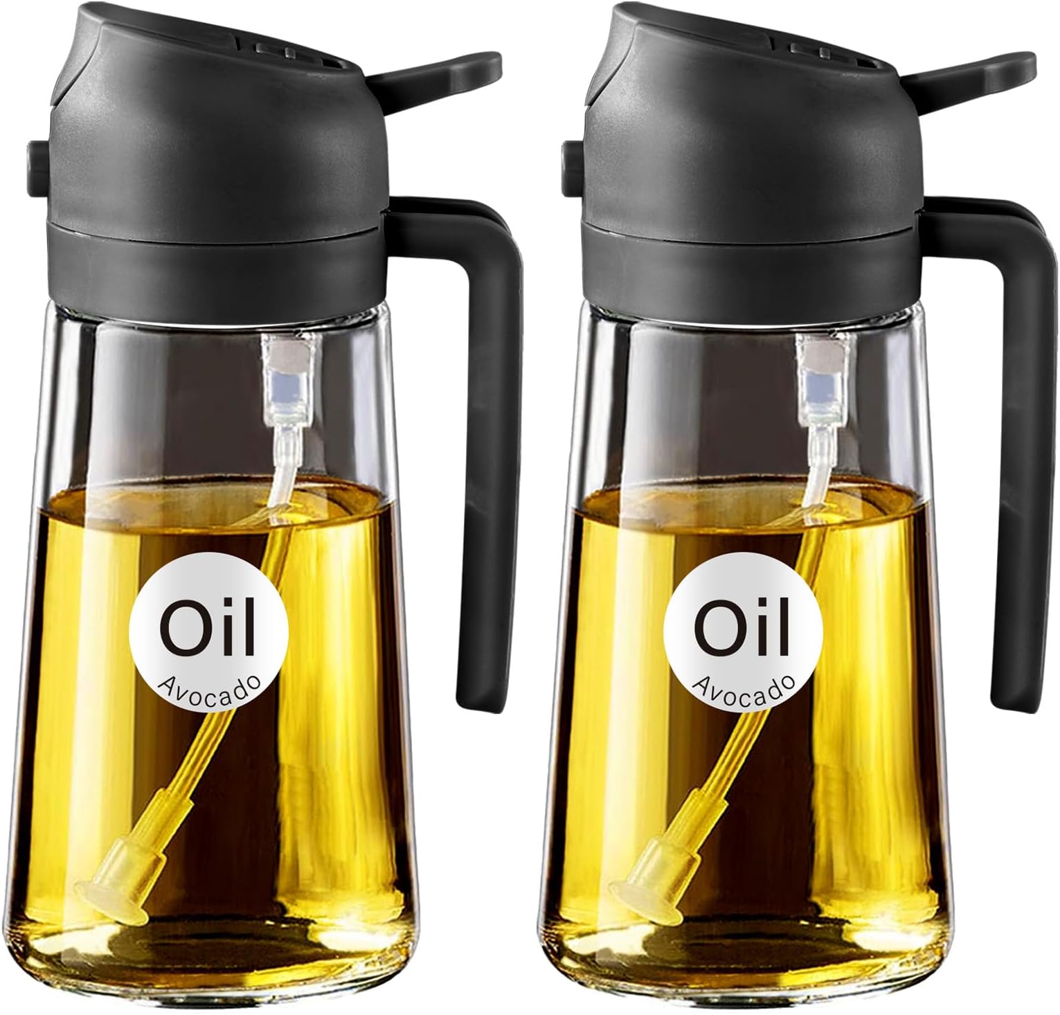 YARRAMATE 2Pcs 16oz/470ml Olive Oil Dispenser, Food-grade 2 in 1 Oil Glass Sprayer for Cooking, Kitchen, Air Fryer, Salad, Frying, BBQ (Black)