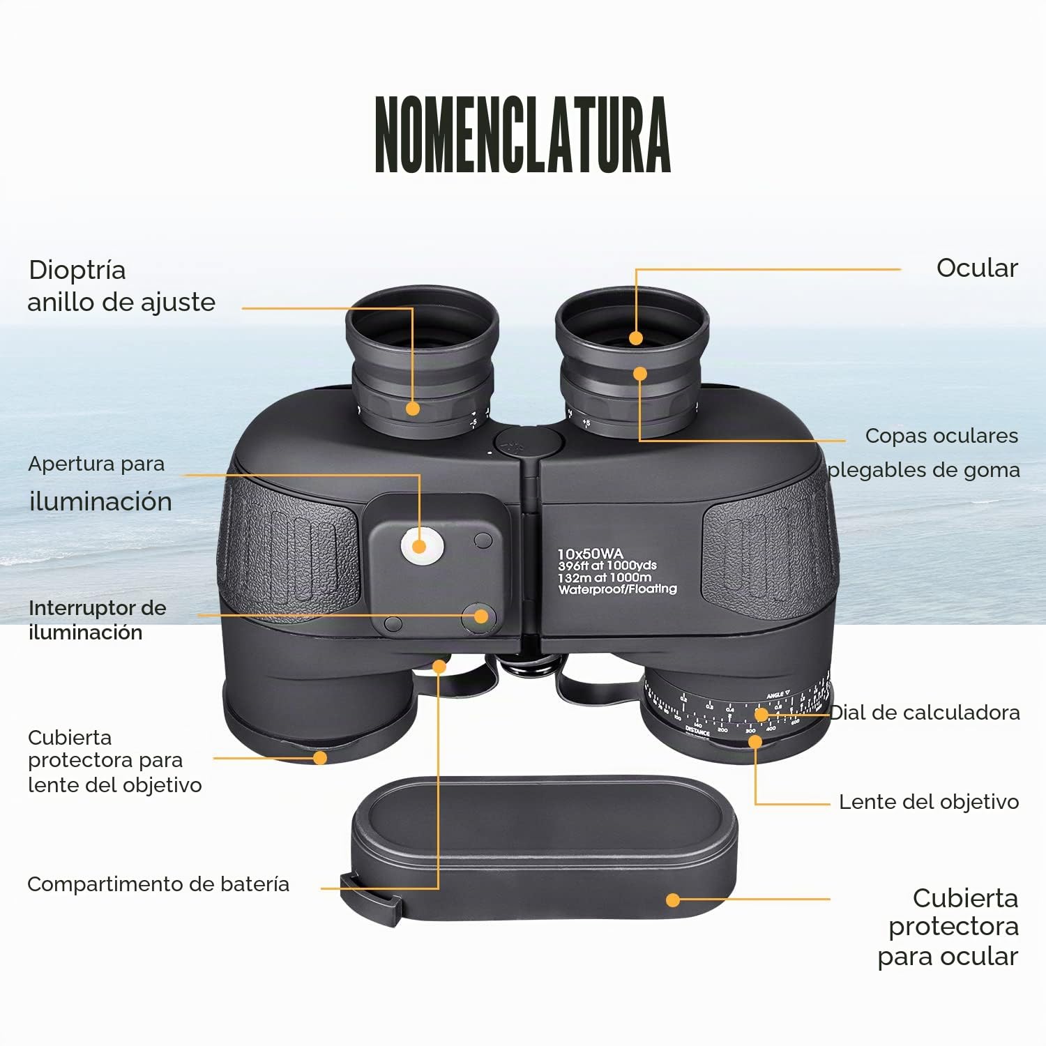 Prismáticos 10x50 Campo de visión Ultra Amplio FMC BAK4 IPX7 Impermeable Anti Niebla Telémetro Brújula para navegar - Todas Las Edades con Correa de Arnés Negro