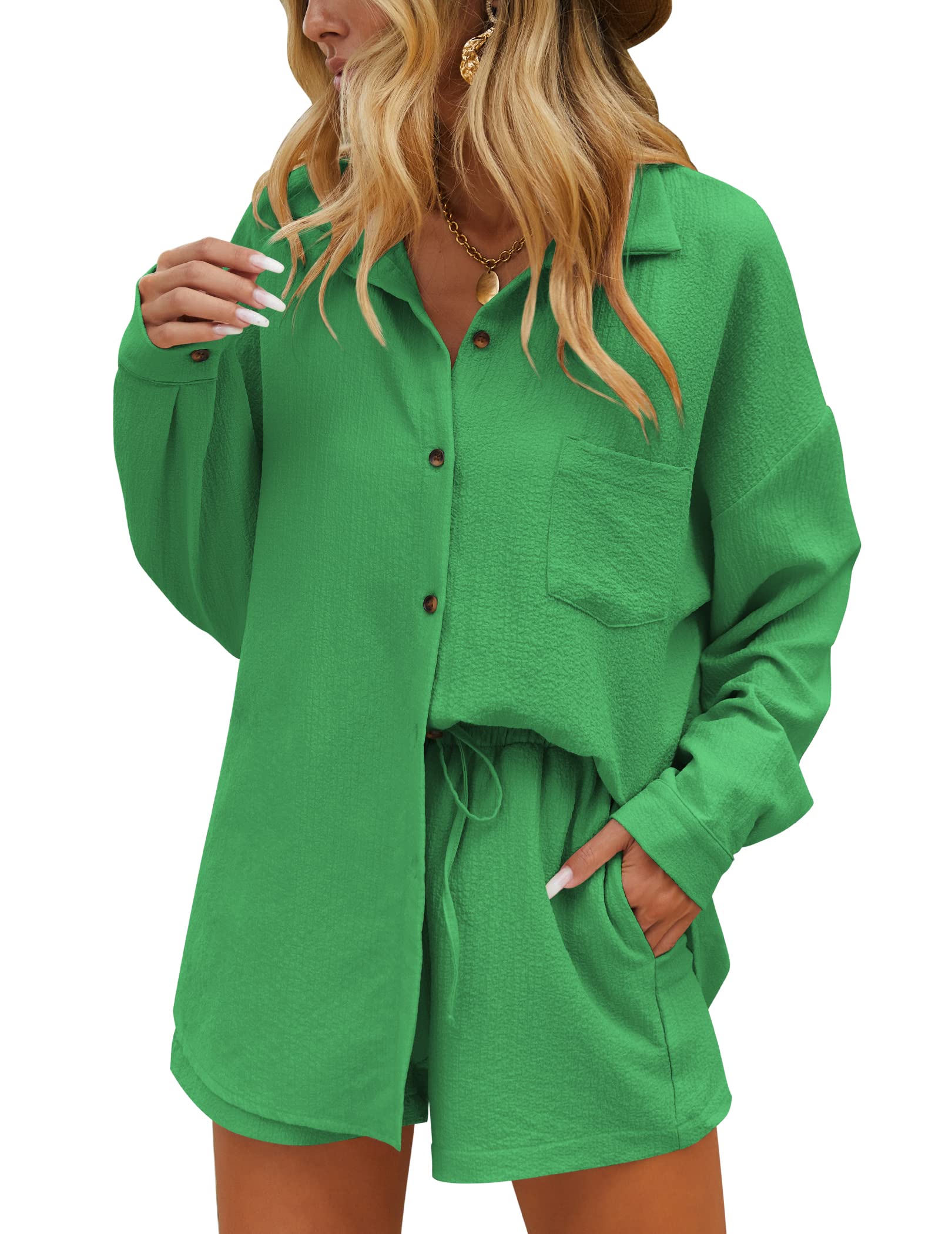 Ekouaer 2 Piece Outfits for Women Fall Lounge Set Long Sleeve Button Down Shirt and Casual Shorts with Pockets Tracksuit