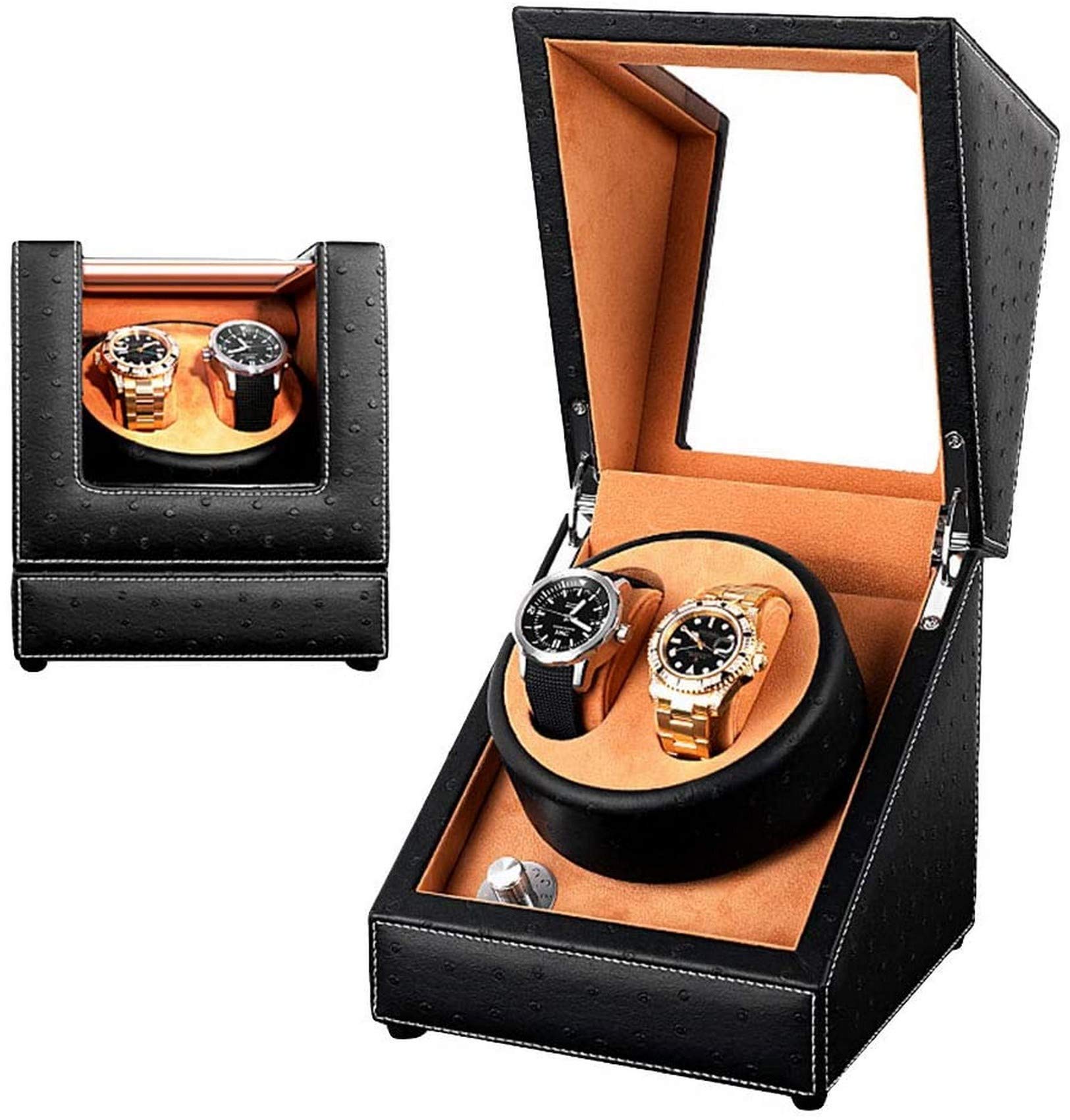 Automatischer Uhrenbeweger Box für Damen und Herren, elegante 2 Uhren, Drehaufbewahrung mit japanischem Stummschaltmotor, PU-Lederwickelgehäuse, Displaybox, Uhren-Display-Aufbewahrung