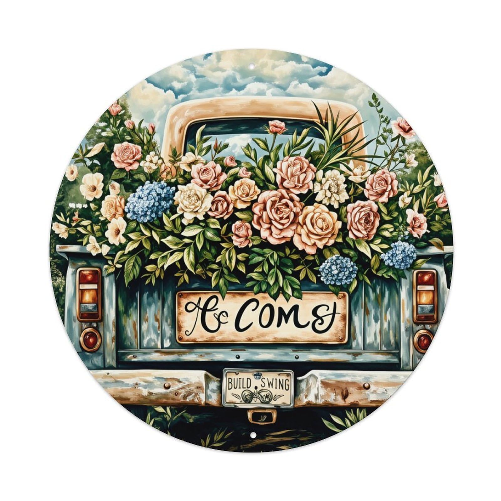 Floral Truck Welcome Sign Art Retro Metal Sign Round Tin Sign, Vintage Decor Art Poster for Bar, Home, Man Cave, Kitchen, Laundry Room Gift 8x8Inch