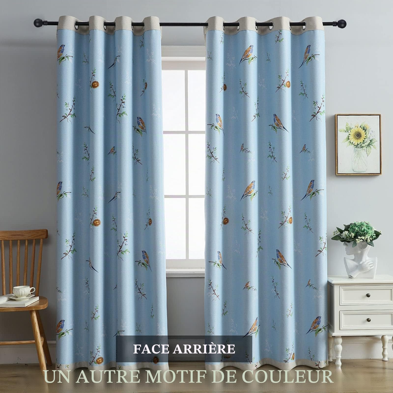 SUOUO Rideaux occultants Double Face à Motif Oiseaux pour Chambre à Coucher - 213 cm de Long - 2 Panneaux à Isolation Thermique - Taupe