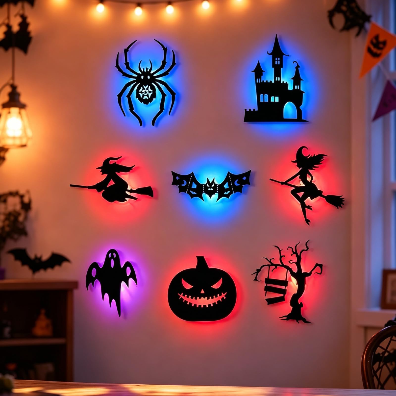 8 Pack Halloween LED Silhouette Wall Light Stickers Decor Set