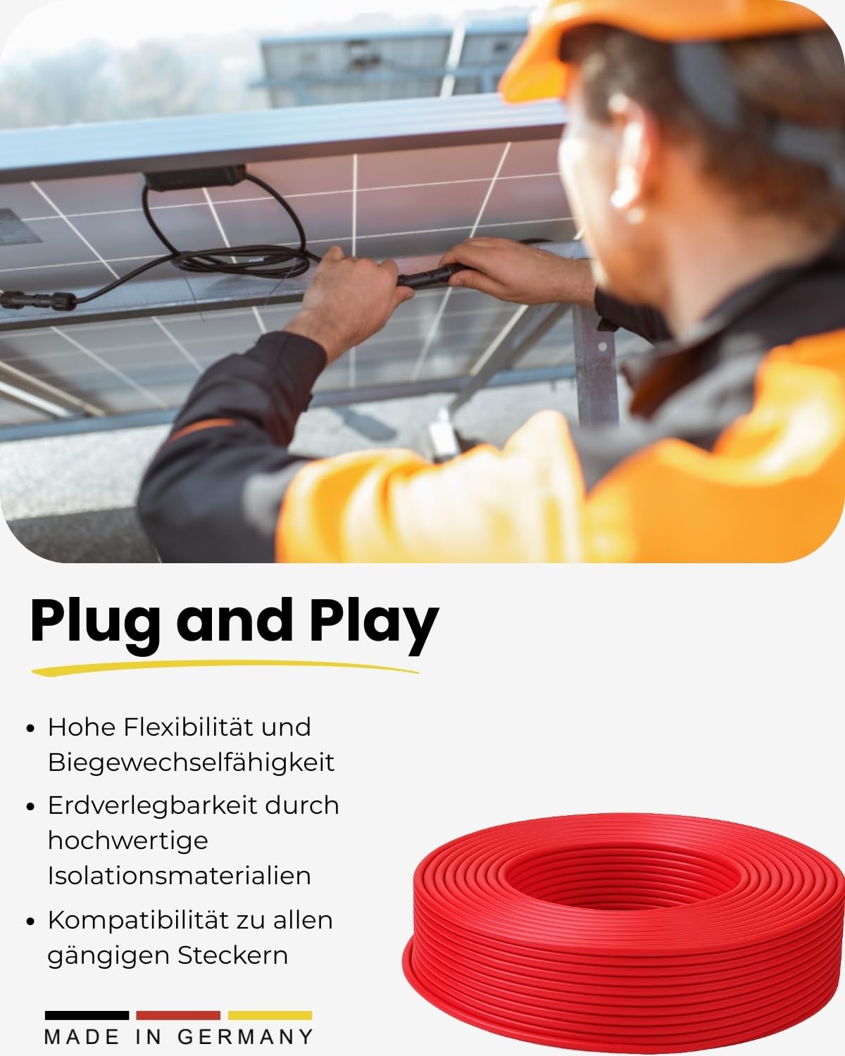 Premium Solarkabel 4mm² – TÜV Rheinland geprüft – UV-beständig & flexibel – Photovoltaik Kabel für Solaranlagen, Solarpanel & Wechselrichter – Made in Germany (Rot, 100m)