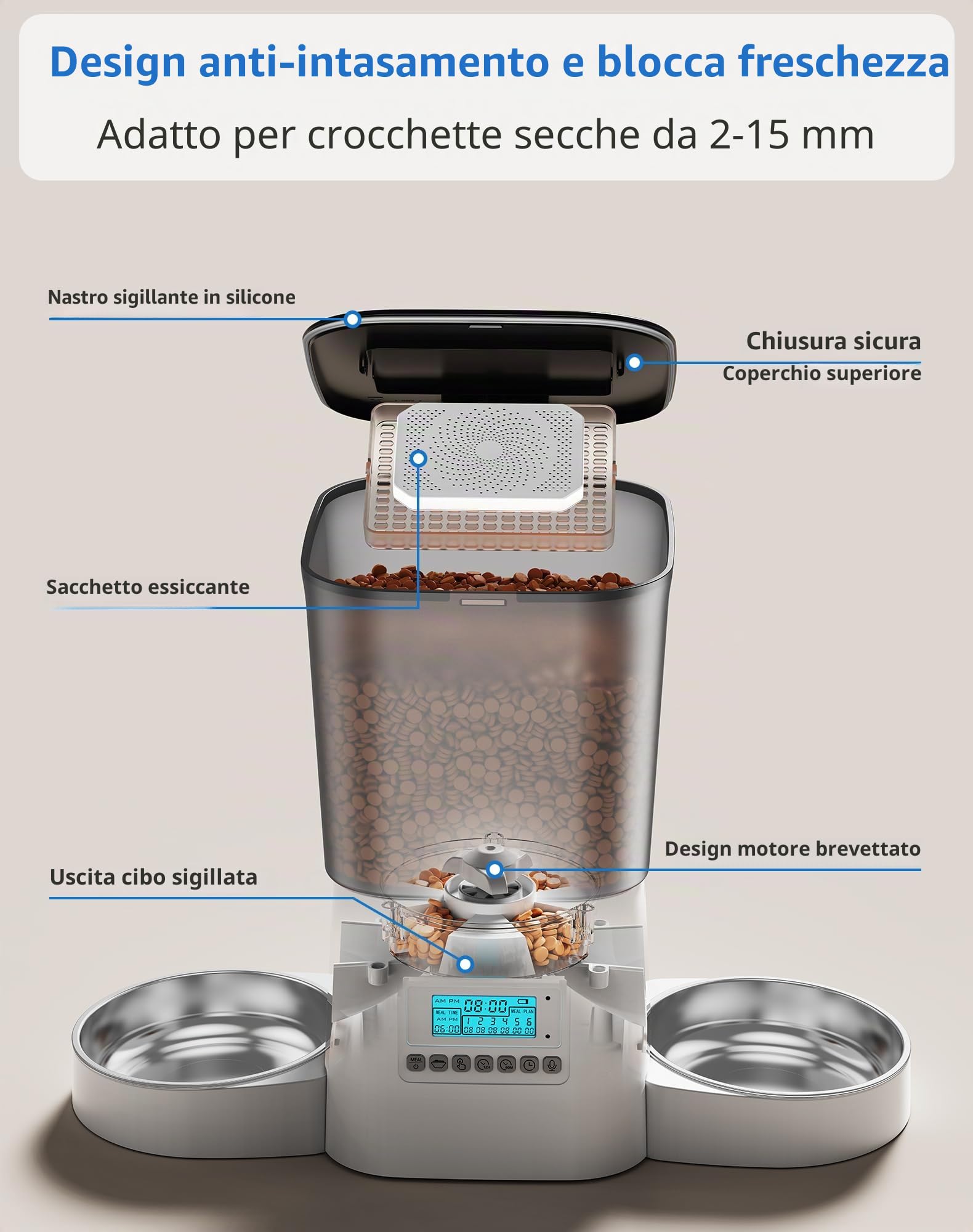 Distributore Automatico Cibo Gatti con 2 Ciotole,3.5L Timer Programmabile Dispenser Crocchette Gatto,1-6 Pasti al Giorno,Audio Personalizzato 10s,Doppia Alimentazione
