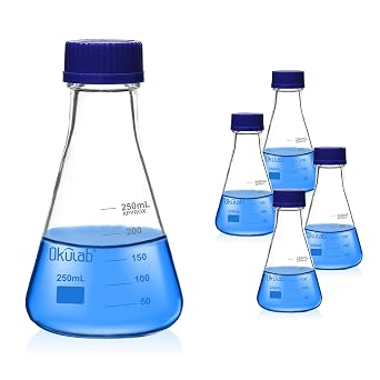 4pcs Erlenmeyer Flask Set with Blue Cap, Glass Erlenmeyer Flasks, 250ml Lab Erlenmeyer Flasks, Borosilicate 3.3 Glass Material with Printed Graduation, EFG45G250A4