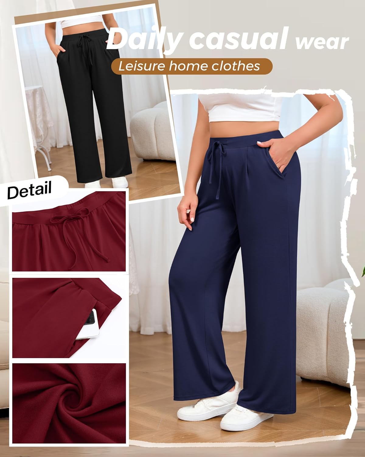 3 Pack Women's Plus Size Wide Leg Yoga Pants, Drawstring Lounge Sweatpants Loose Casual Workout Pants with Pockets - Image 5
