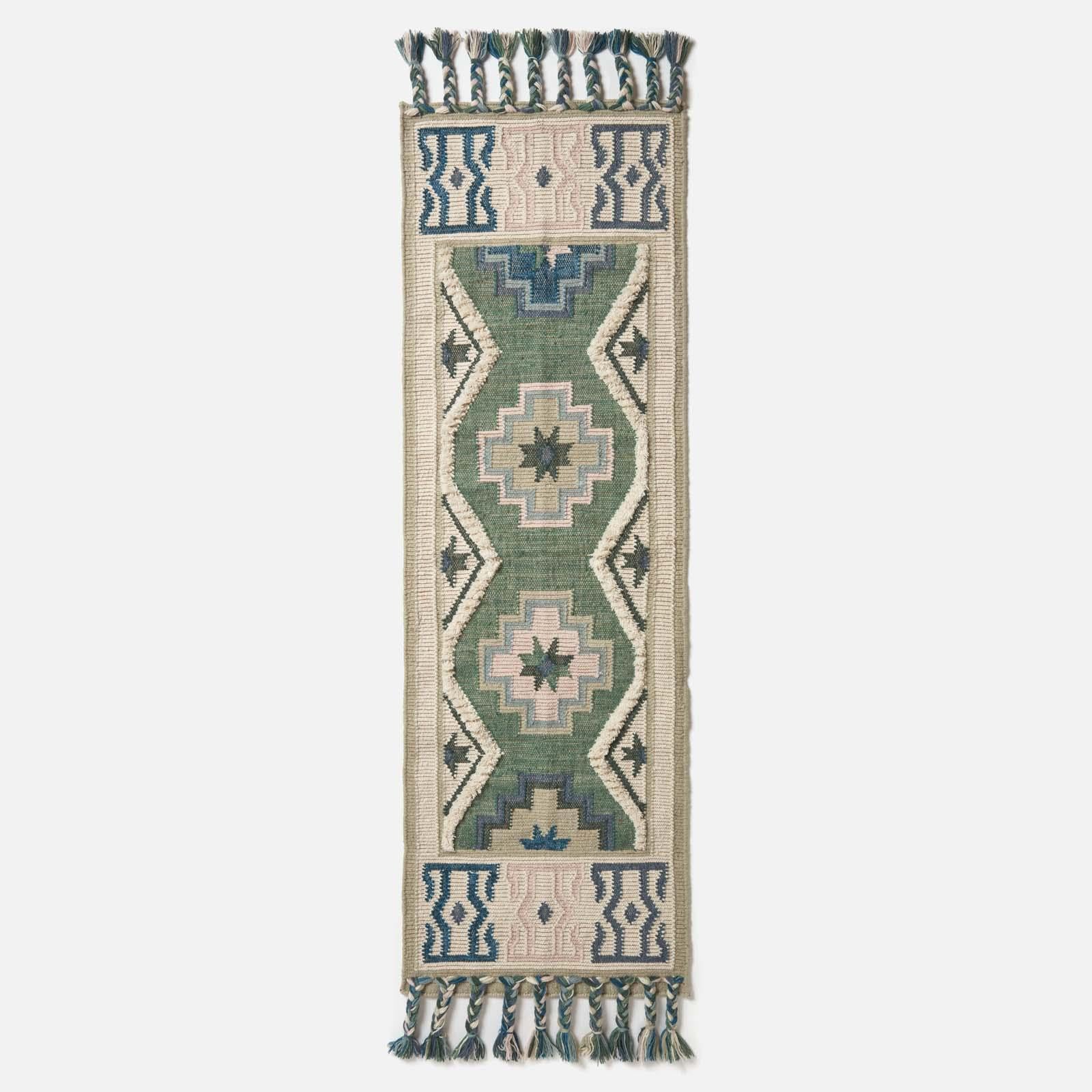 HOMESCAPES Tapis de Couloir Kilim en Laine Matala, Tapis Long 66x200 cm, Tapis Vert et Bleu Artisanal