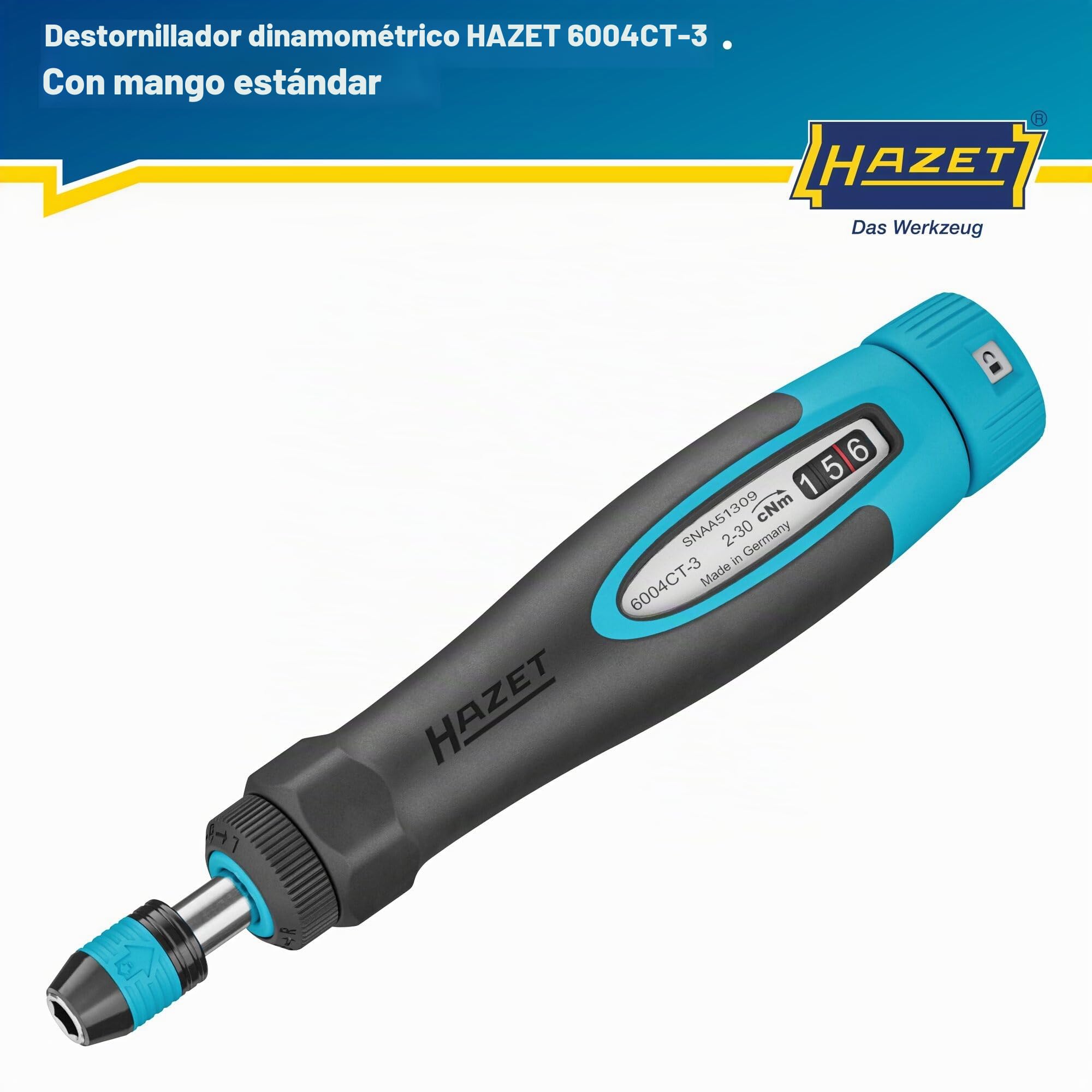 Hazet Destornillador dinamométrico 6004CT-3, 1/4" con mango estándar, 0,02-0,3 Nm, 6% de precisión, 196 mm de longitud, conmutable derecha/izquierda, mecanismo de rueda libre