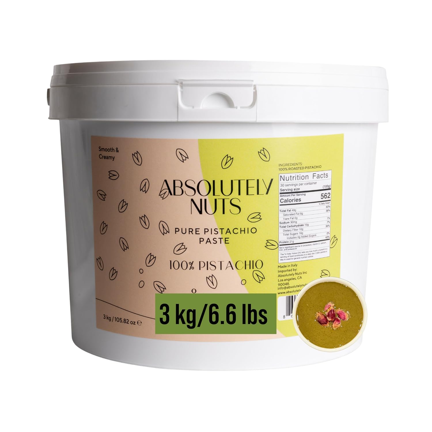 Absolutely Nuts 100% Roasted Pistachio Cream – No Sugar Pure Green Pistachio Paste, Unsweetened Gourmet Nut Butter for Baking, Cooking, Gelato, Savory Recipes. Made in Italy, 6.6lbs Bucket, Crema de Pistacho Pura
