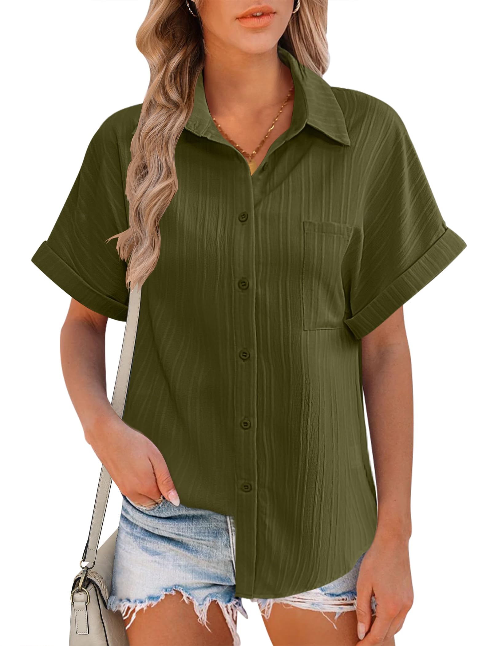 Hotouch Blusa elegante para mujer, cuello de pico, camisas de manga corta, informal, para el trabajo, con botones, sueltas, blusas para oficina, monocolor