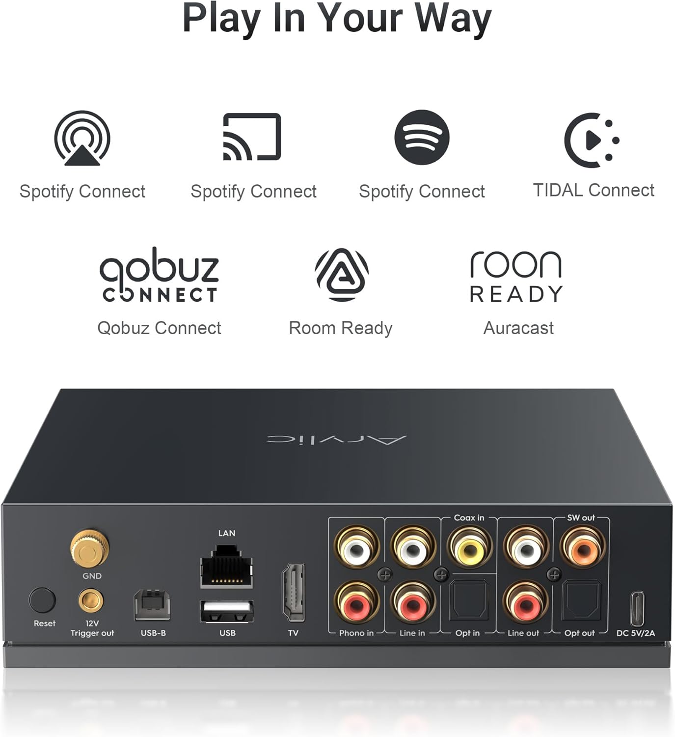 Arylic LP100 Music Streamer, Wireless Bluetooth 5.4 & WiFi Audio Preamp with AirPlay 2, Google Cast, Spotify/Tidal/Qobuz Connect, Auracast, HDMI eARC, Optical/Analog Inputs, 192kHz/24bit Hi-Res
