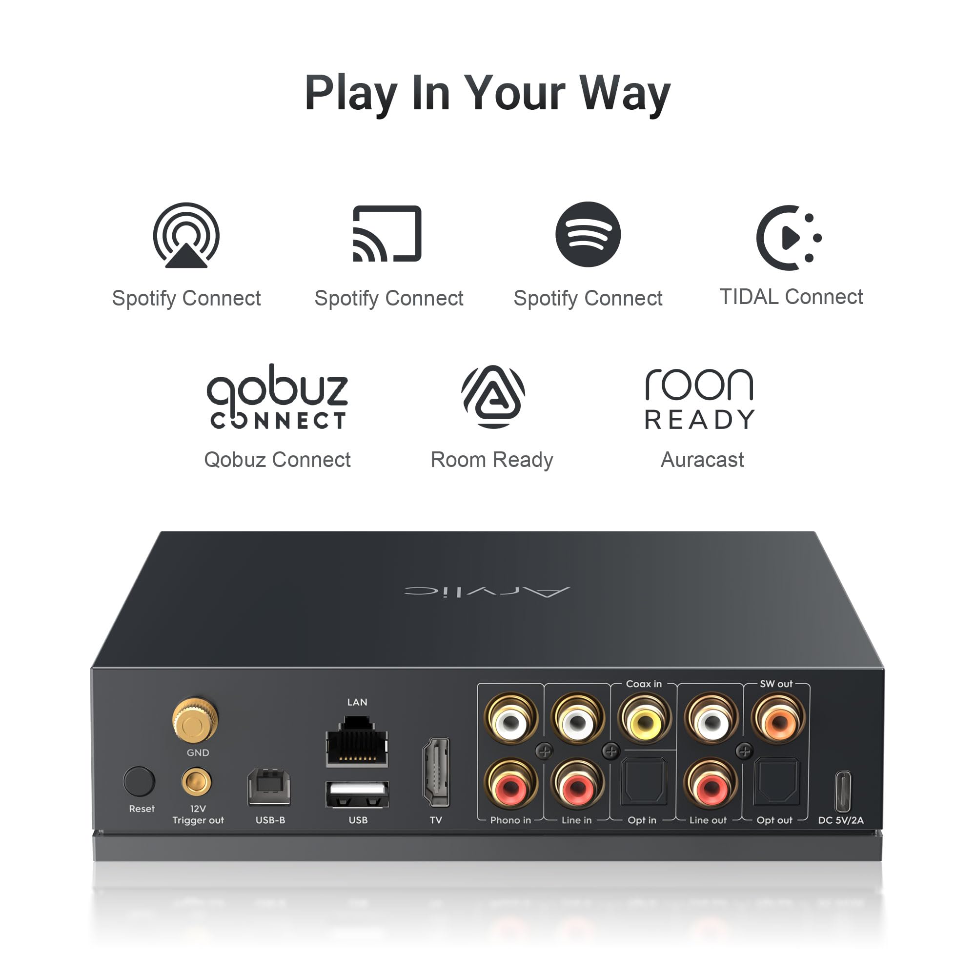 Arylic LP100 Musik-Streamer – WiFi Audio Vorverstärker mit AirPlay 2, Google Cast, Spotify/Tidal/Qobuz Connect, Auracast, HDMI eARC, optischen/analogen Eingängen sowie Hi-Res-Audio (192 kHz/24 Bit)