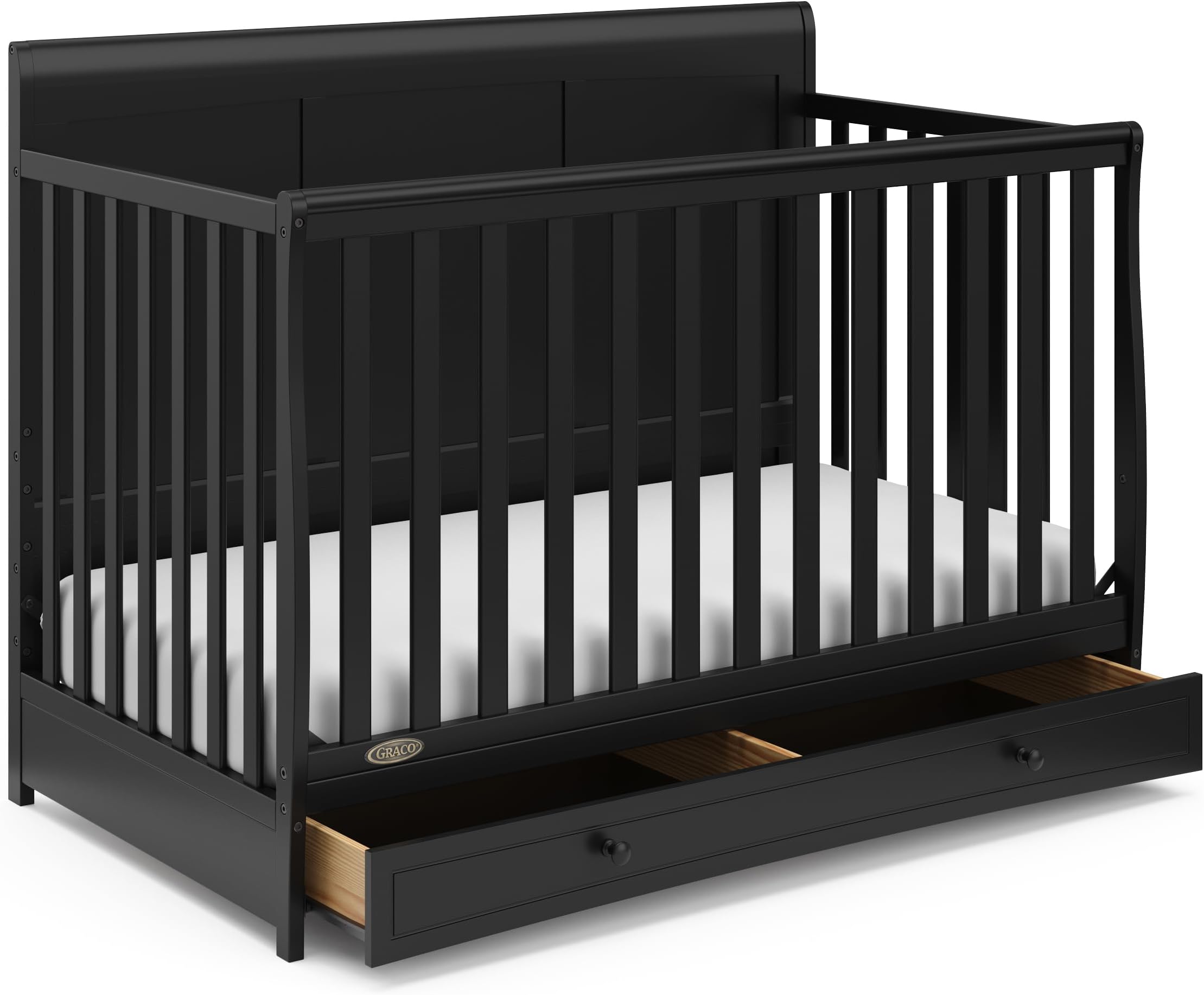 Graco Asheville 5-in-1 Convertible Crib with Drawer – GREENGUARD Gold Certified, Crib with Drawer Combo, Full-Size Nursery Storage Drawer, Converts to Toddler Bed, Daybed and Full-Size Bed (Black)