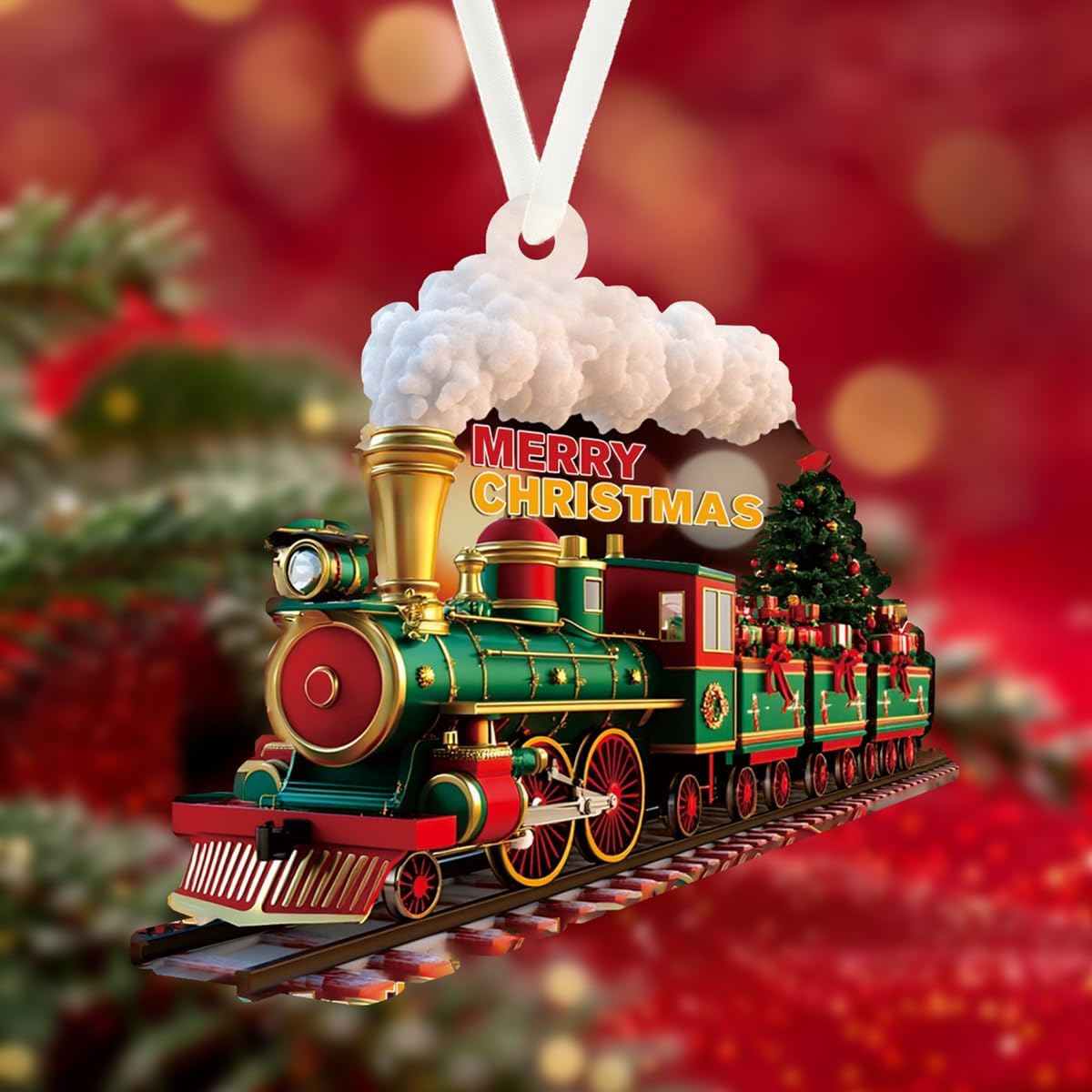 Enfeites de Natal, decorações de árvore, enfeites de pendurar para 1 peça, árvore de trem de Natal de acrílico transparente, decoração de casa