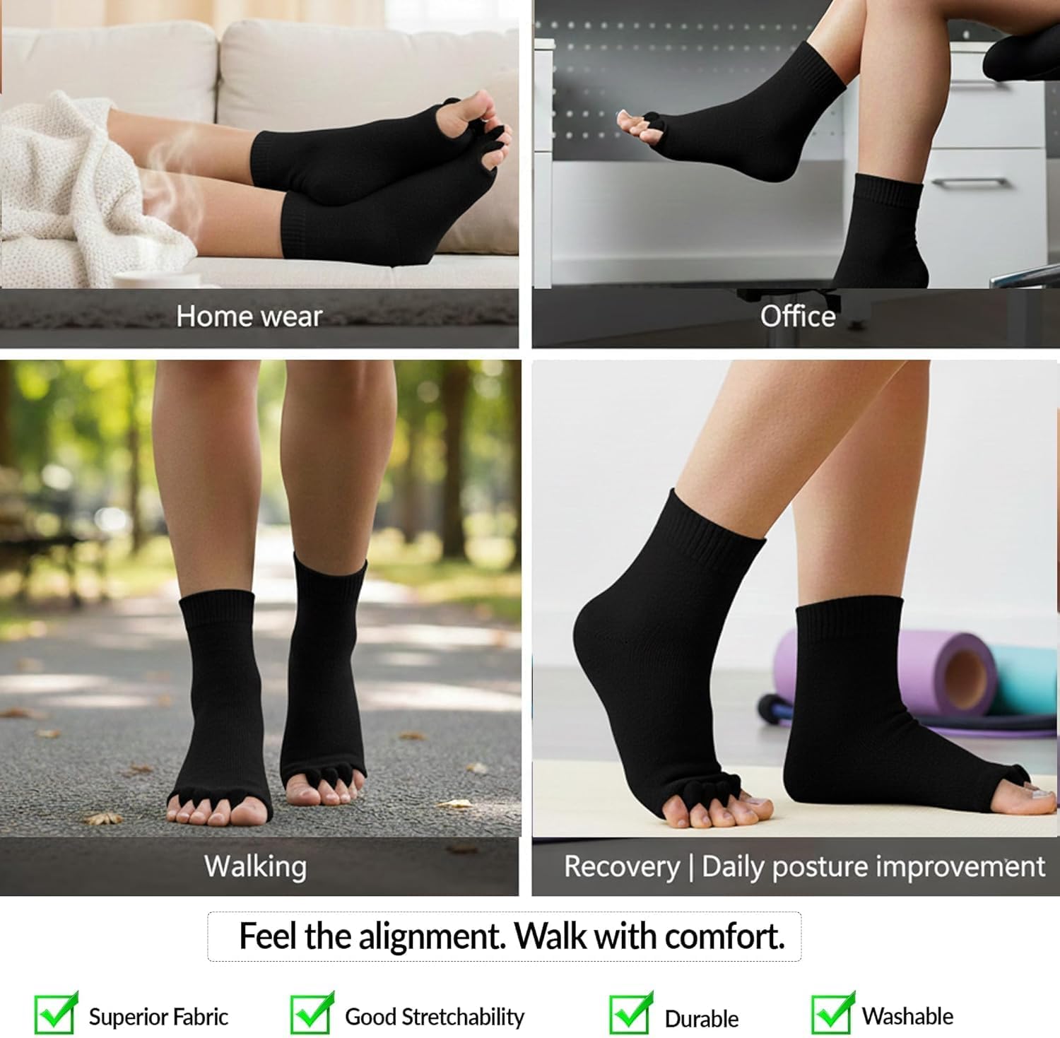 Toe Separator Alignment Socks - Comfortable Toe Separator Socks Massage Socks – Prevent Foot Cramp and hammertoes - Black