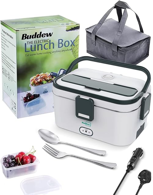 Buddew Electric Lunch Box 70W Food Heater 3 in 1 12V/24V/110-230V Portable Lunch Warmer(1.8L Large-Capacity) Heated Lunch Box for Car/Truck/Office with Carry Bag and Fork Spoon(Grey)