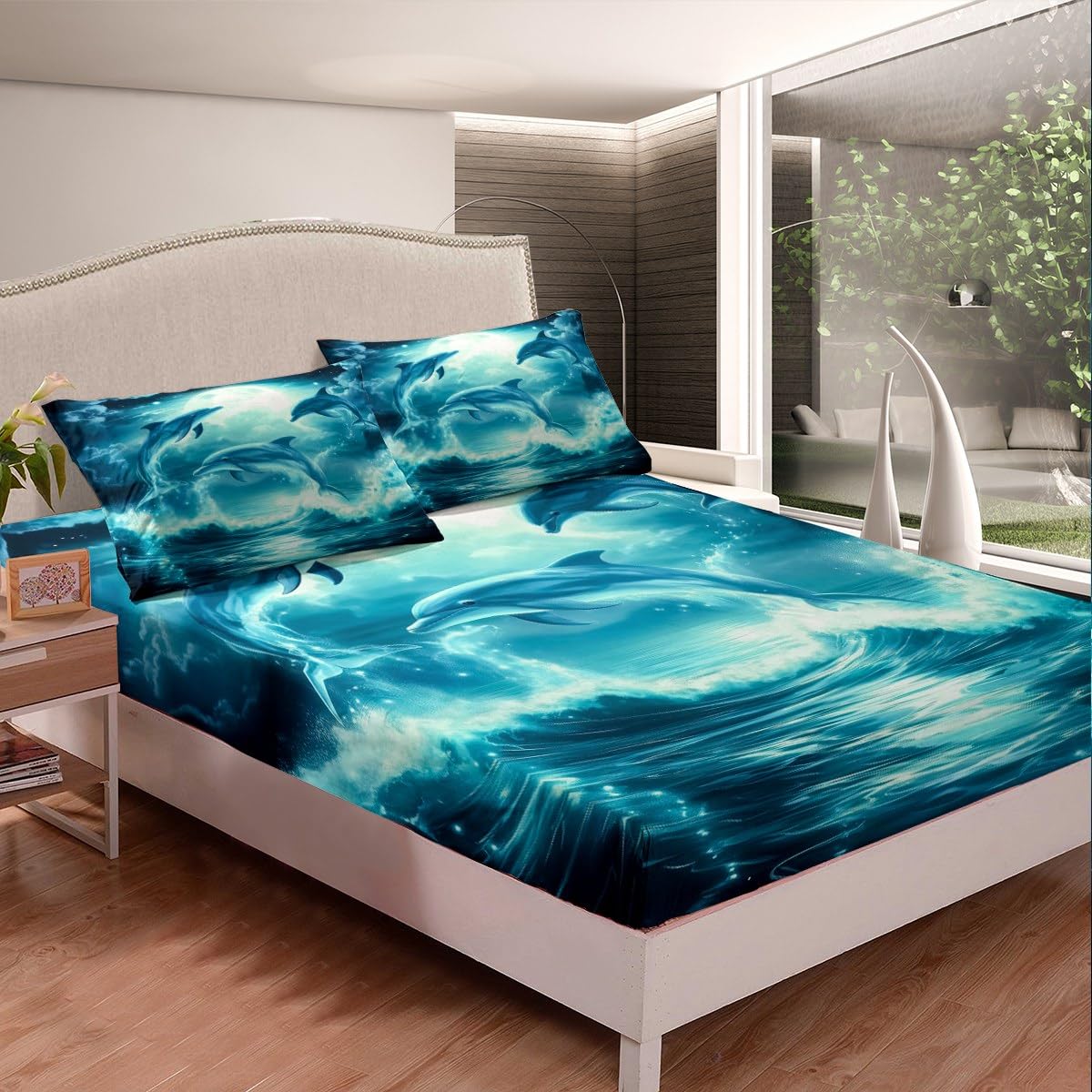 Dolphin Kids Fitted Sheet 3D Dolphin Printed Bed Sheets,Blue Sea Waves Sheets Queen,Ocean Coastal Marine Life Animals Bed Set for Girls Boys Teens Room Decor