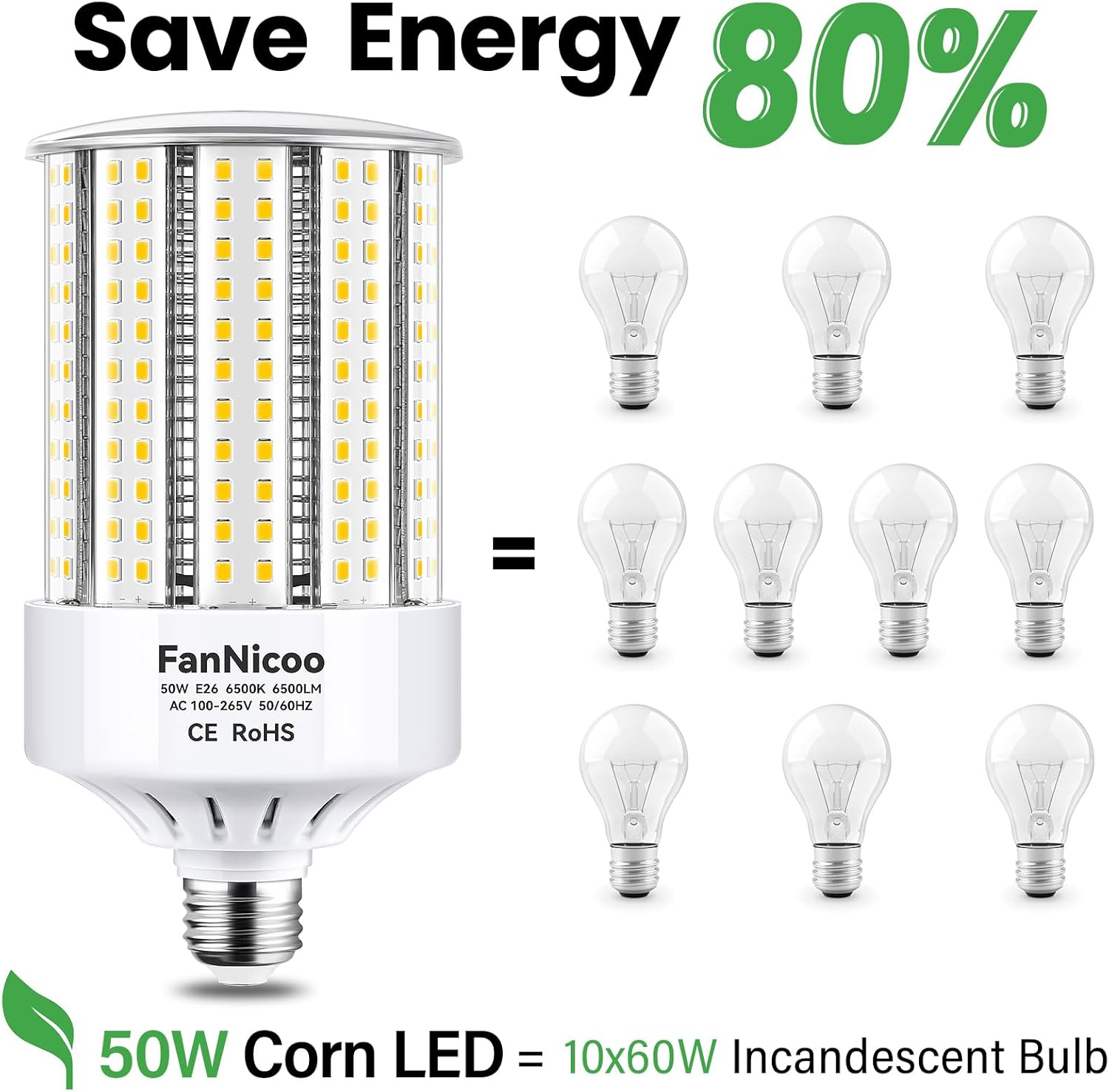 2 Pack 600W Equivalent Led Corn Bulb 6500 Lumen Super Bright E26/E39 Base LED Bulbs 6500K Daylight White 50W Corn Garage Light Bulb for Outdoor Indoor Garage Basement Warehouse Workshop Backyard