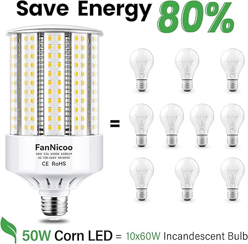 Miniatura 7 de FanNicoo Bombilla LED de maíz equivalente a 500 W, 6500 lúmenes, base E26 con adaptador E39, bombilla de maíz de 50 W 6500 K con estructura de