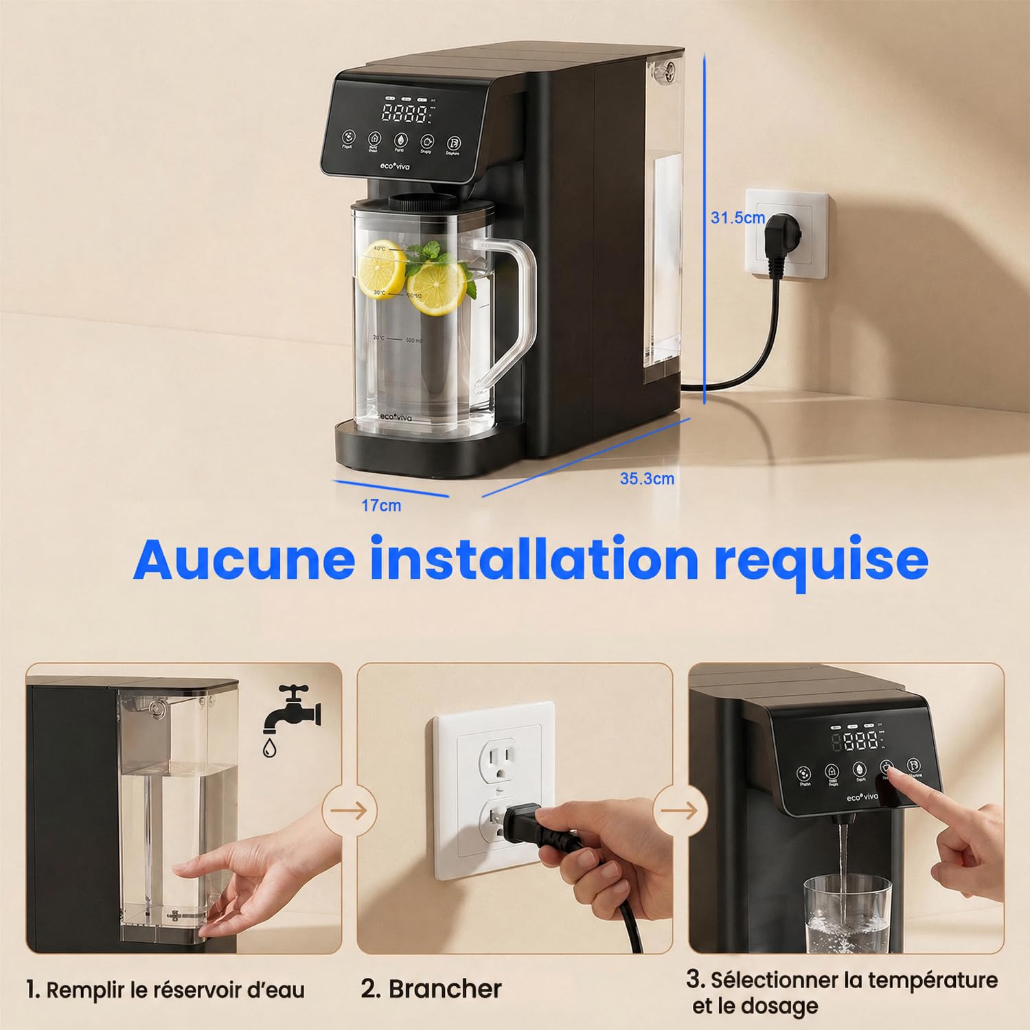 Ecoviva MATE 5H Système d'osmose inverse sur table – Filtre à eau de table avec 3 filtres séparés, stérilisation UV & distributeur d'eau chaude, réduction de PFAS d'eau, eau alcaline, compact