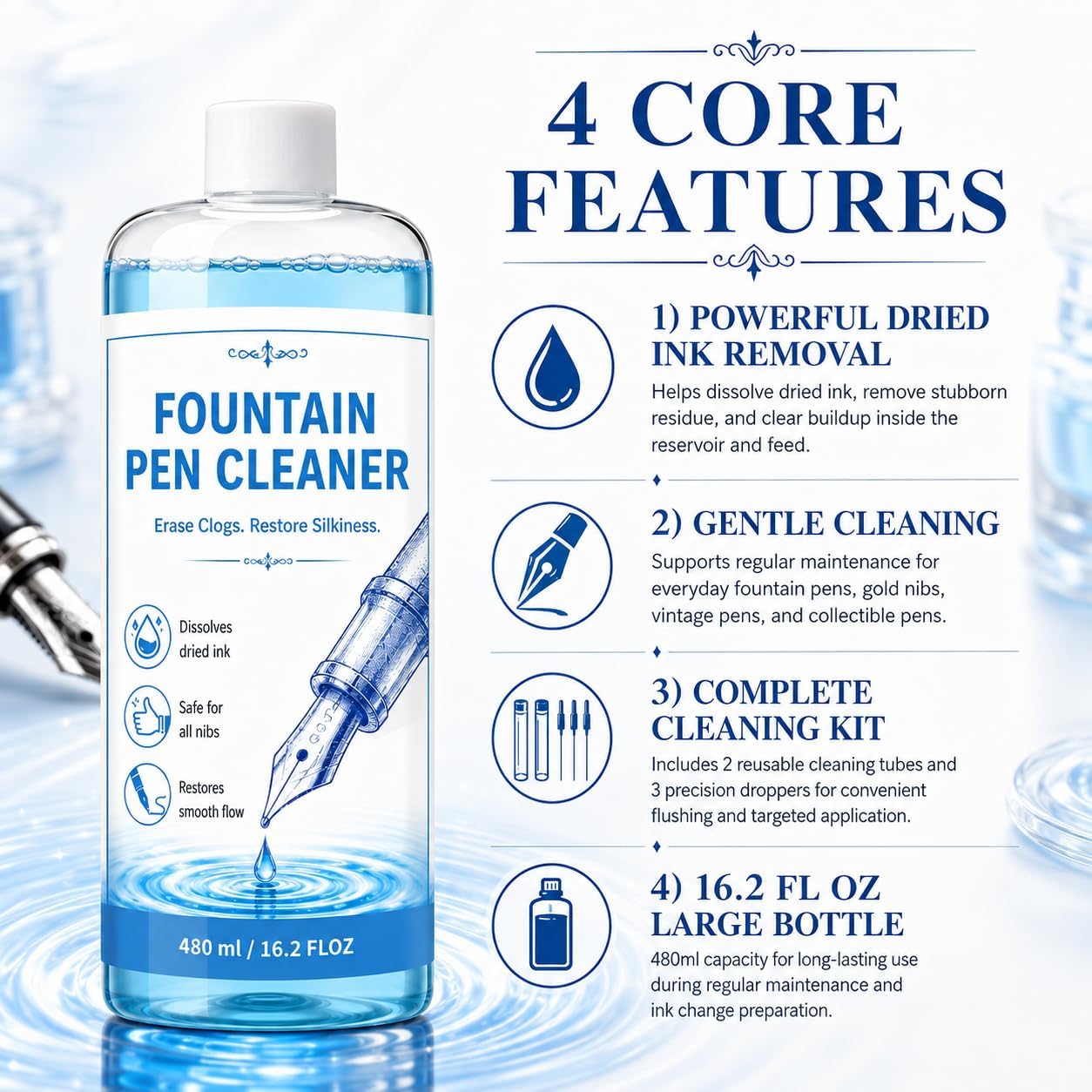 Snowlily Fountain Pen Cleaner 16.2 Fl Oz, Premium Flush Solution Restores Smooth Ink Flow