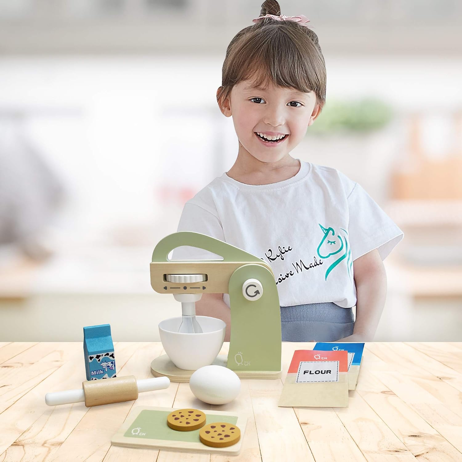 Teamson Kids - Little Chef Frankfurt Wooden Mixer Play Kitchen Accessories - Green- 10 pcs