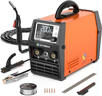 HITBOX 4 en 1 Soldador Hilo Continuo Sin Gas 140A 230V Digital Portátil Soldadora MIG ARC LIFT TIG Spool Gun con Pantalla LED Ultraclara, Ideal para Soldadores Principiantes