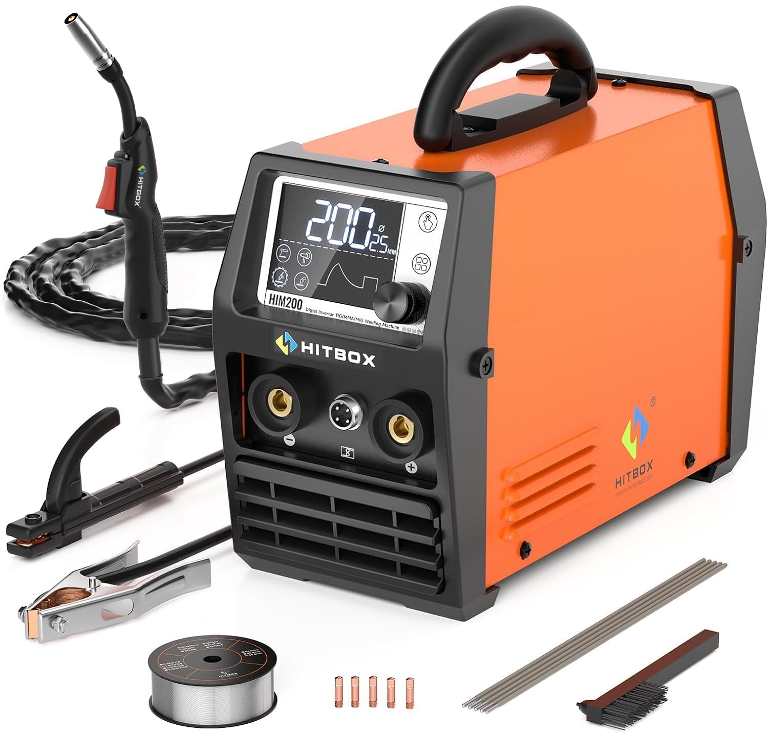 HITBOX Saldatrice a Filo 200A 4-in-1 Portatile - 230V MIG Senza Gas, ARC, LIFT TIG, Spool Gun, LED Display Digitale, Ideale per Principianti e Hobby(HIM200)