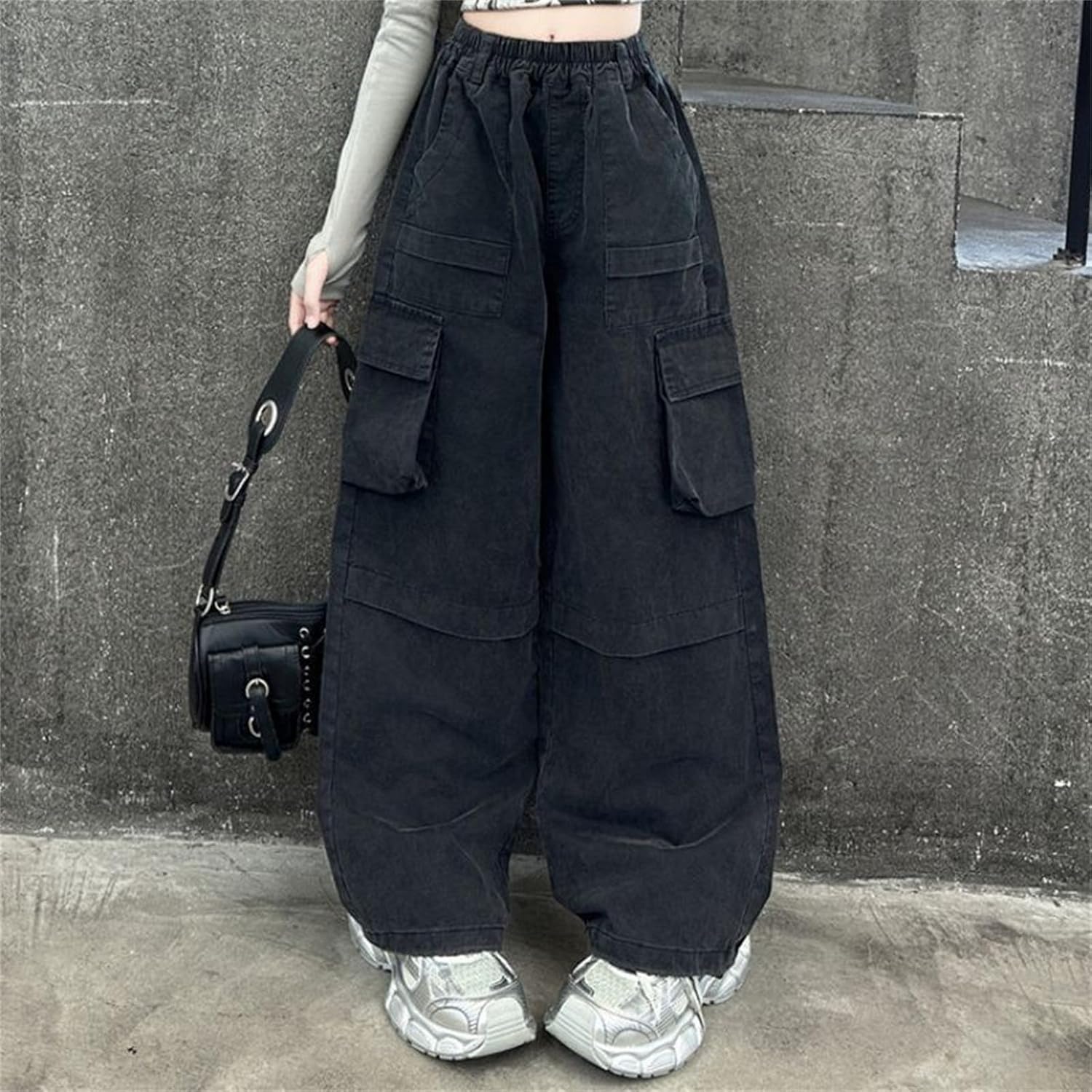Girls Wide Leg Cargo Pants Kids Baggy Elastic High Waist Long Trousers Teen Summer Fashion Casual Loose Clothes