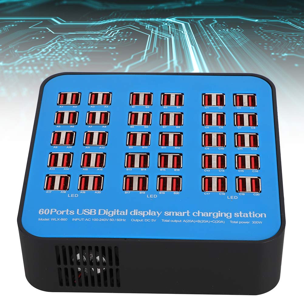 Inteligentna stacja ładująca USB, 3-kanałowa, 100 W, niezależne prądy, stacja USB, organizer, 60 portów, ładowarka USB, PC, ABS, ognioodporna, 300 W (UE)